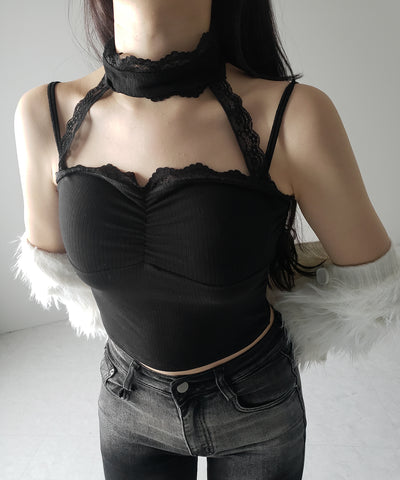 【 カップ付 】レースチョーカーストラップリブキャミソール / lace choker strap lib camisole