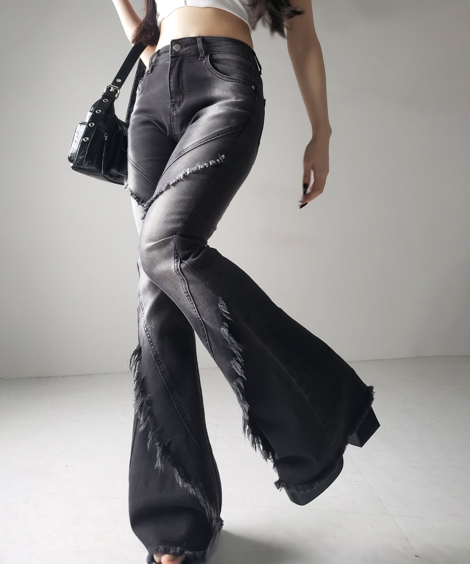 【 2color / 4size 】フリンジデザインヴィンテージライクストレッチフレアデニム / fringe design vintage-like stretch flare denim