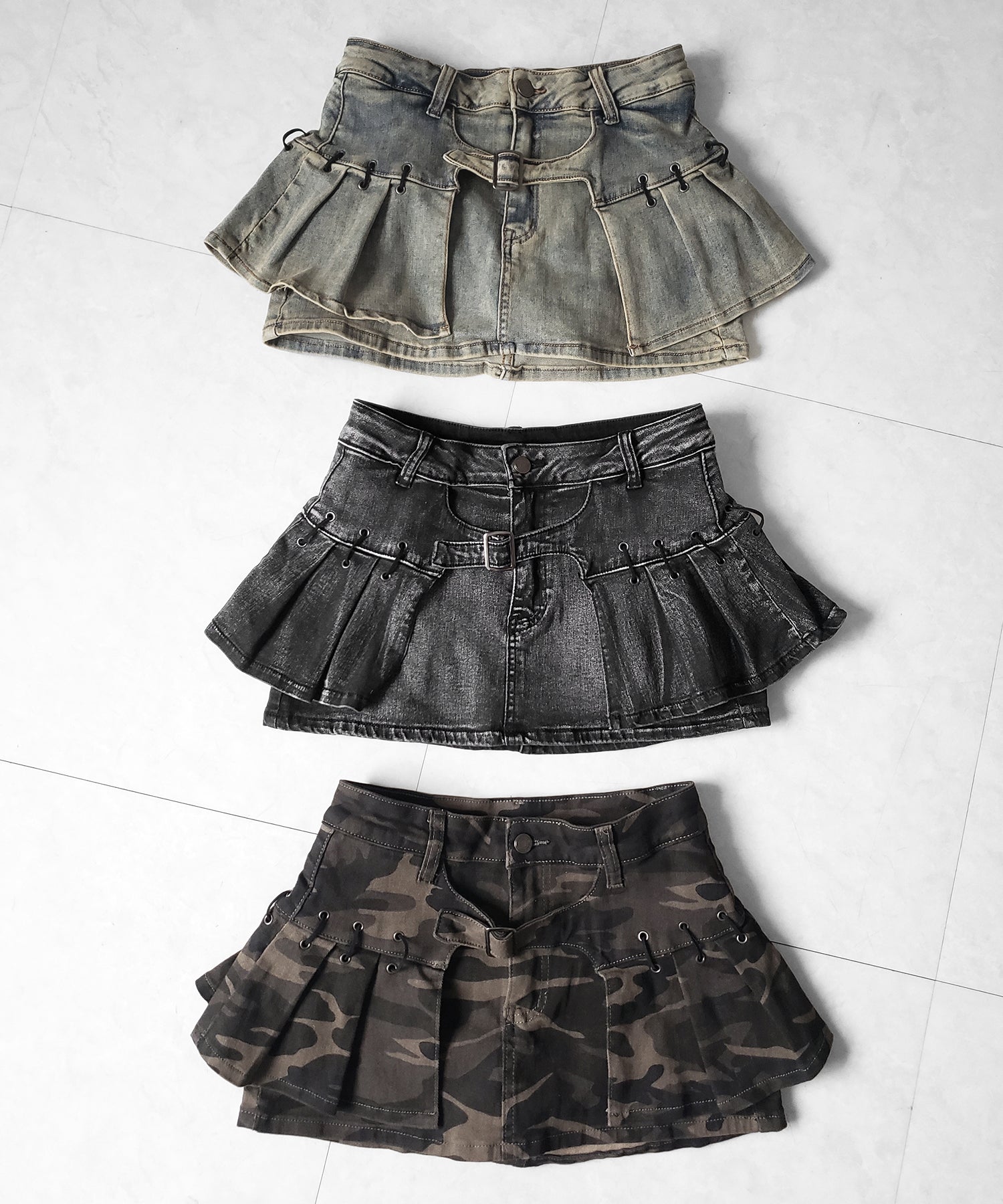 【 インパン裏地付 】ベルテッドマイクロプリーツデニムミニスカパン / belted micro pleats denim skirt pants