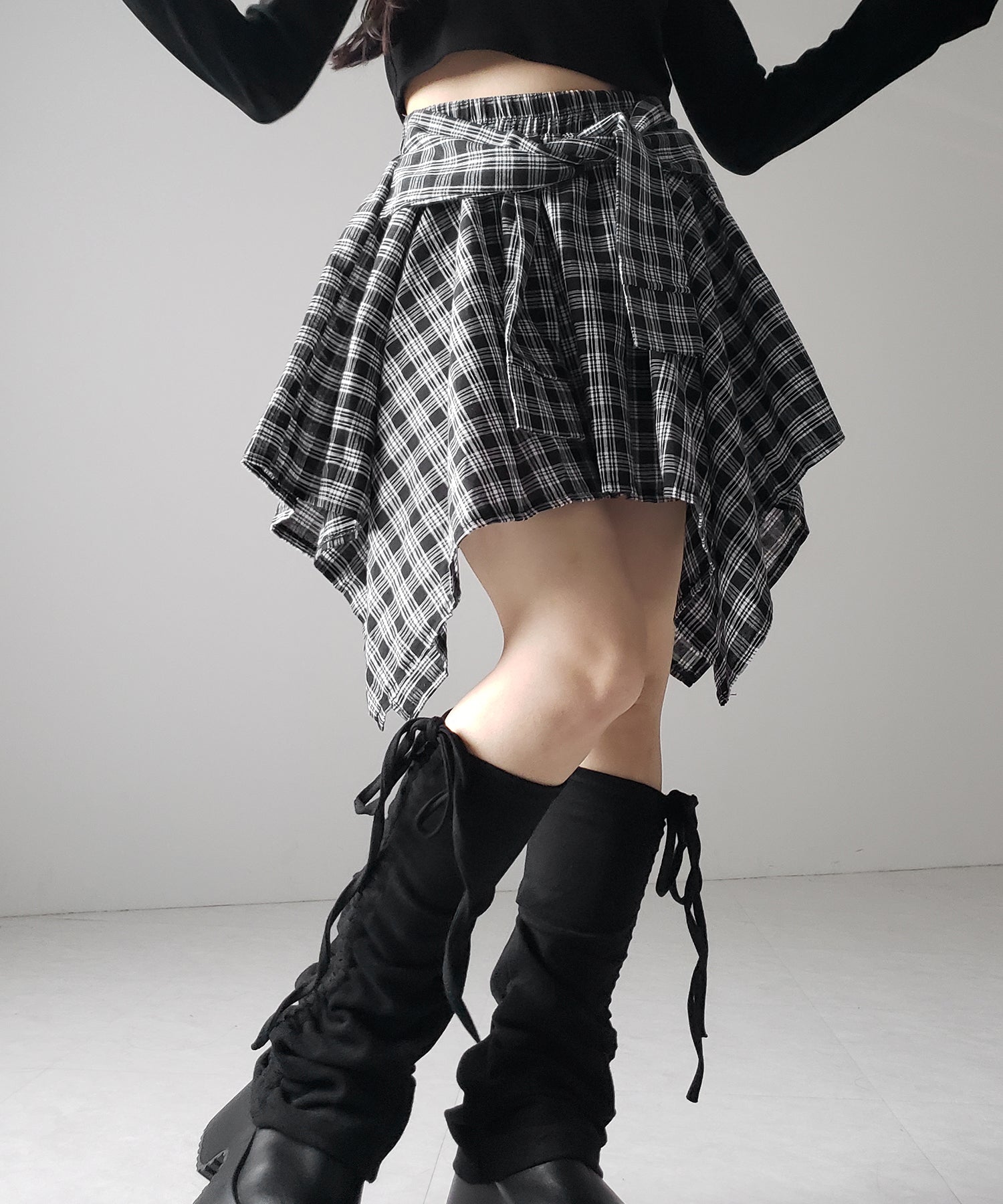 【 選べる2素材/インナーパンツ裏地付 】シャツレイヤードチェックミニスカート / shirt layered check mini skirt