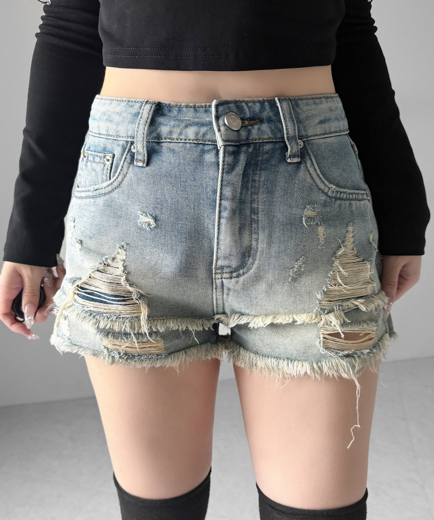 クラッシュダメージダブルフリンジデニムショートパンツ/crash damage double fringe denim short pants