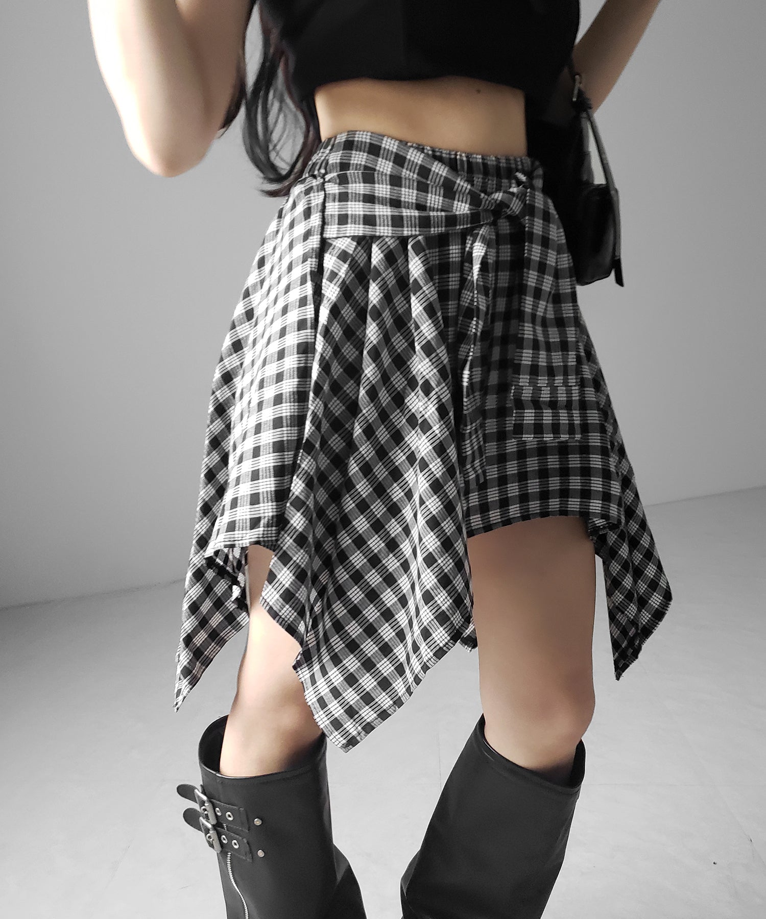 【 選べる2素材/インナーパンツ裏地付 】シャツレイヤードチェックミニスカート / shirt layered check mini skirt