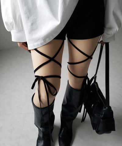 【 セルフカット調節可能 】クロスストラップリボンバイカーレギンスパンツ / cross strap ribbon biker leggings pants