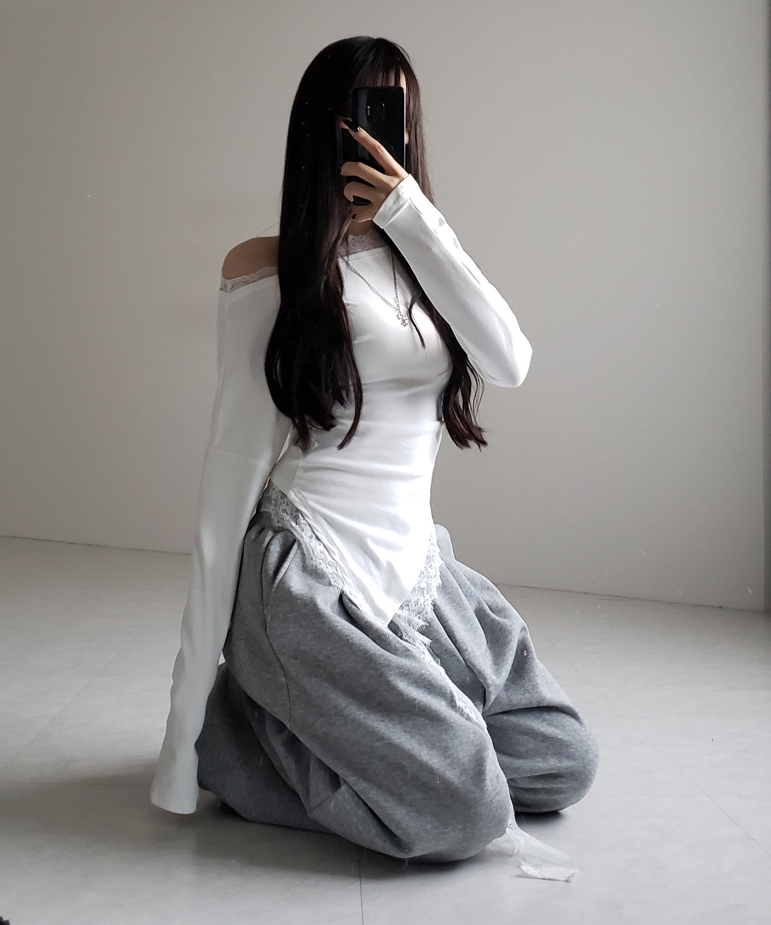 【 2color 】ワンショルダーレースドッキングアシンメトリートップス / one shoulder lace docking asymmetry tops