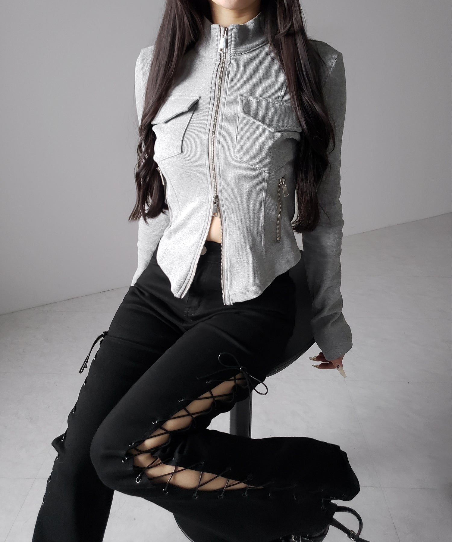 アウトポケットダブルジップスリムリブトップス / out pocket double zip slim ribbed tops