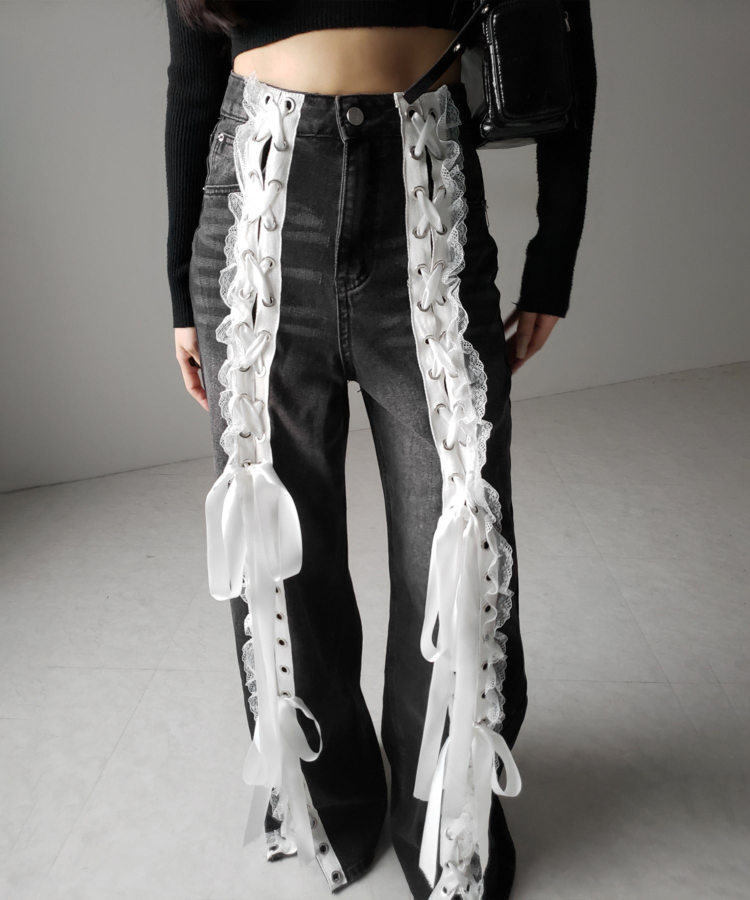 サテンリボンレースアップワイドデニムパンツ / satin ribbon lace up wide denim pants