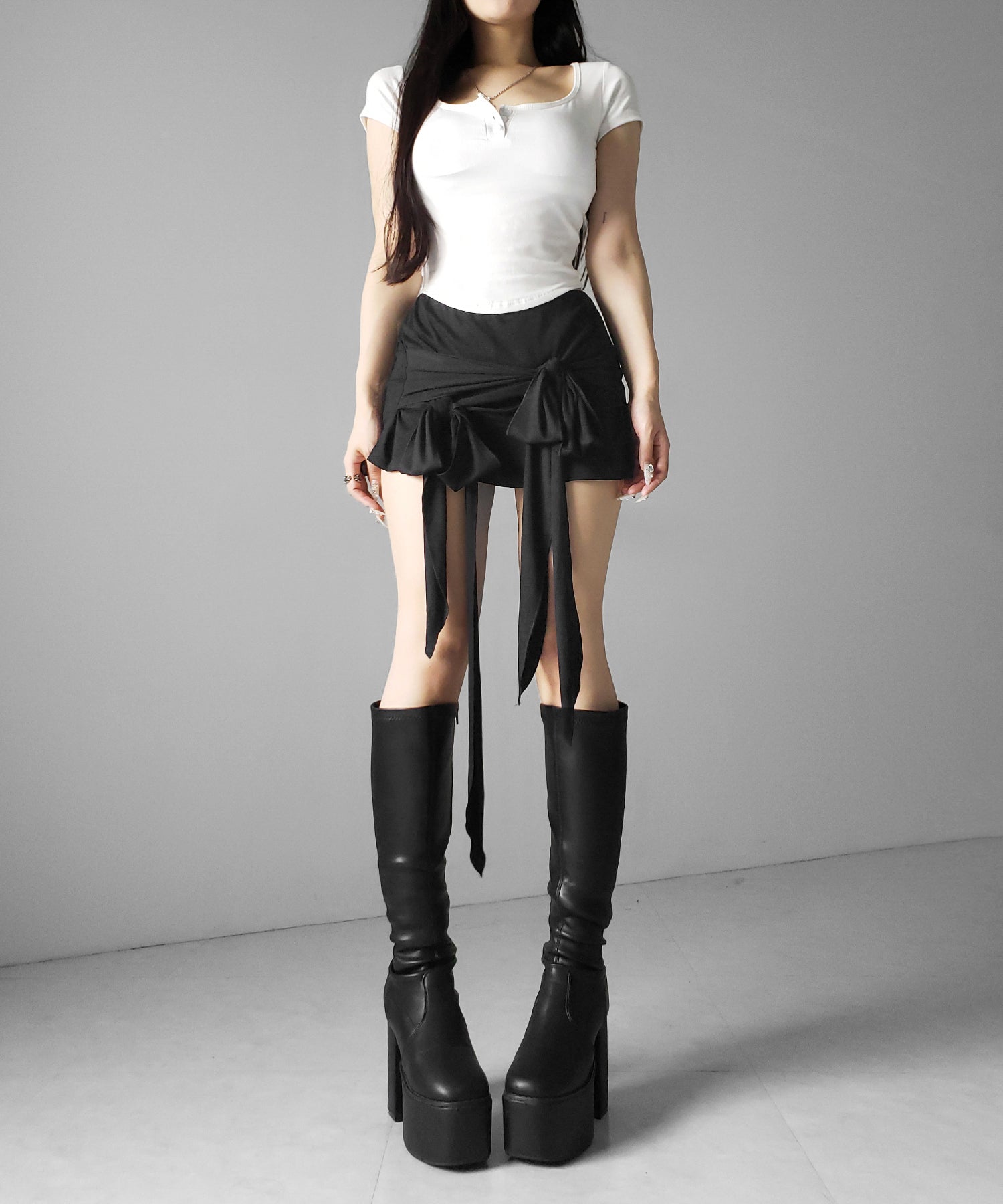 ダブルレイヤードリボンドレープミニスカパン / double layered ribbon draped mini skirt pants