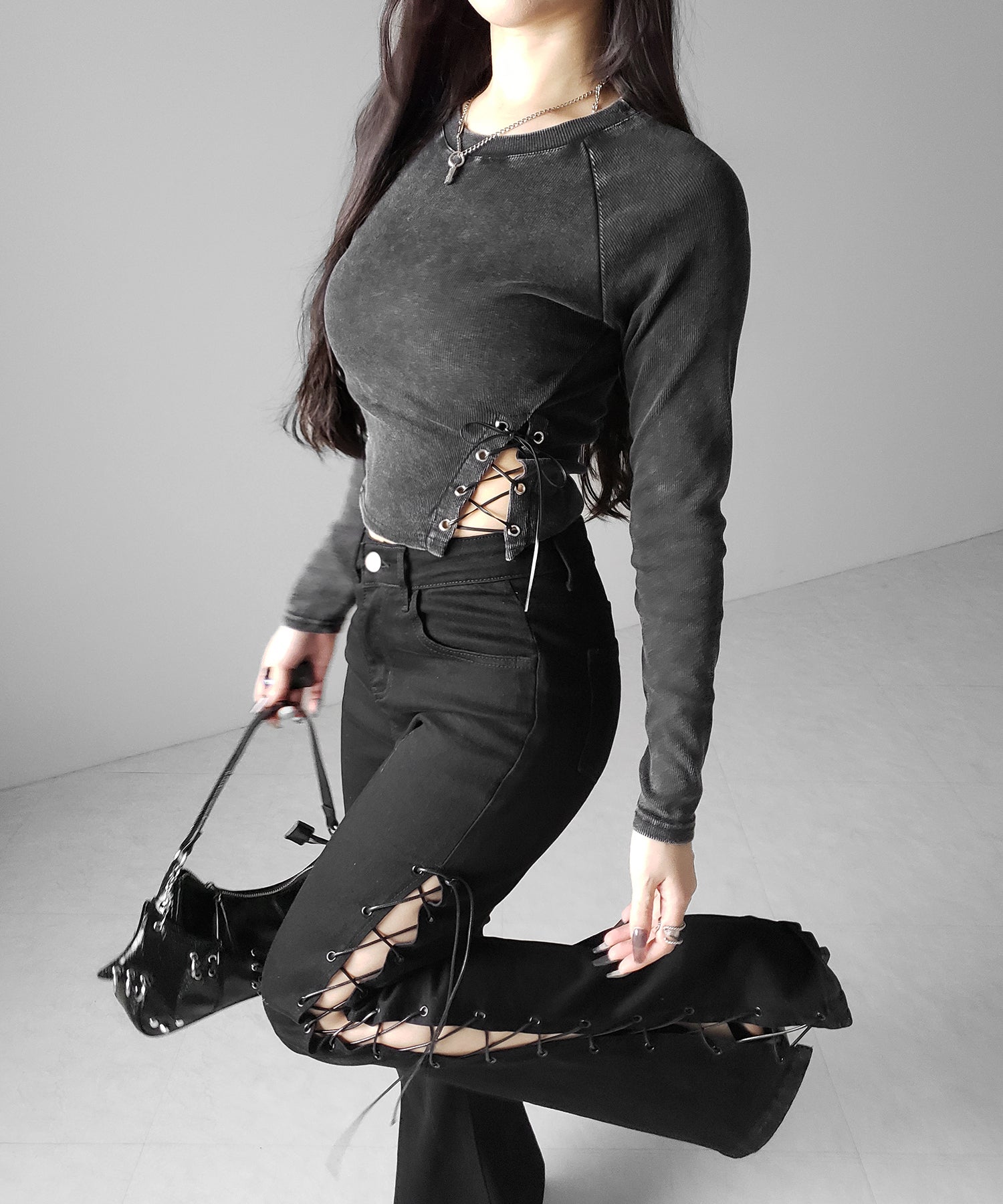 ヴィンテージサイドレースアップカットアウトショートロンT / vintage side lace up cutout short long sleeve T-shirts