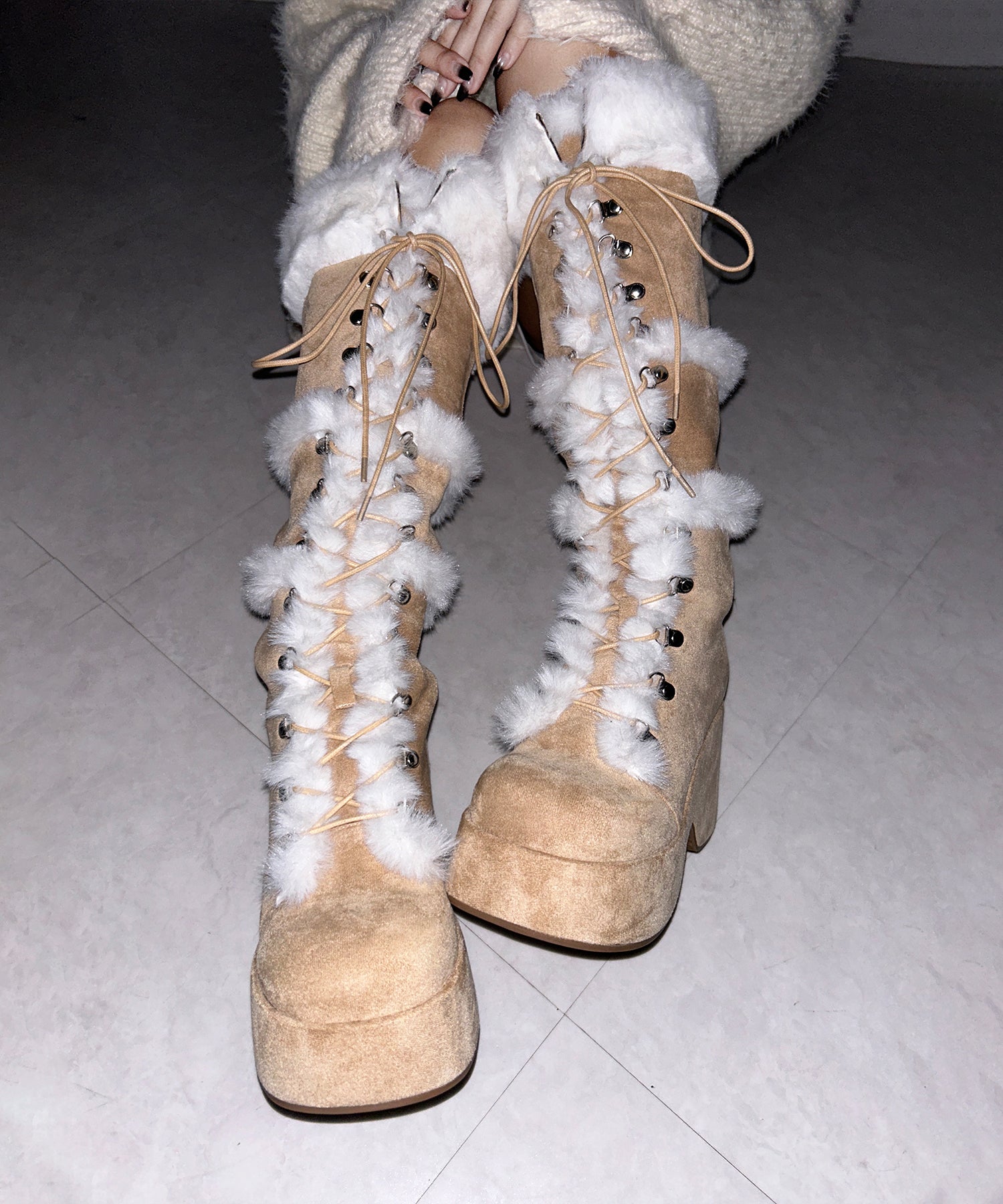 厚底レースアップムートンロングブーツ / platform laceup mouton long boots