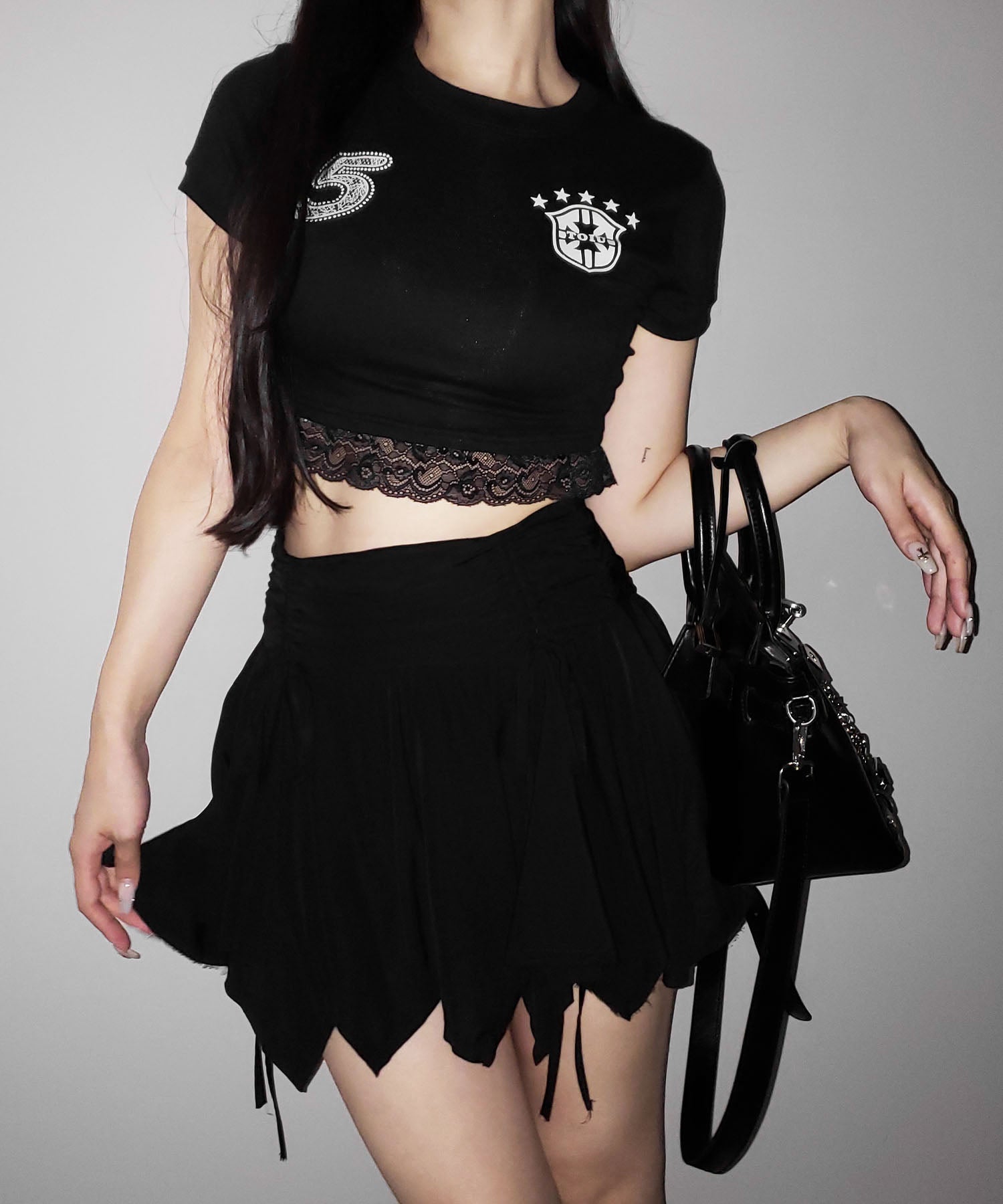 【 2color / 2size 】シャーリングダブルリボンアシンメトリーフリルミニスカート / shirrin double ribbon asymmetry frill mini skirt