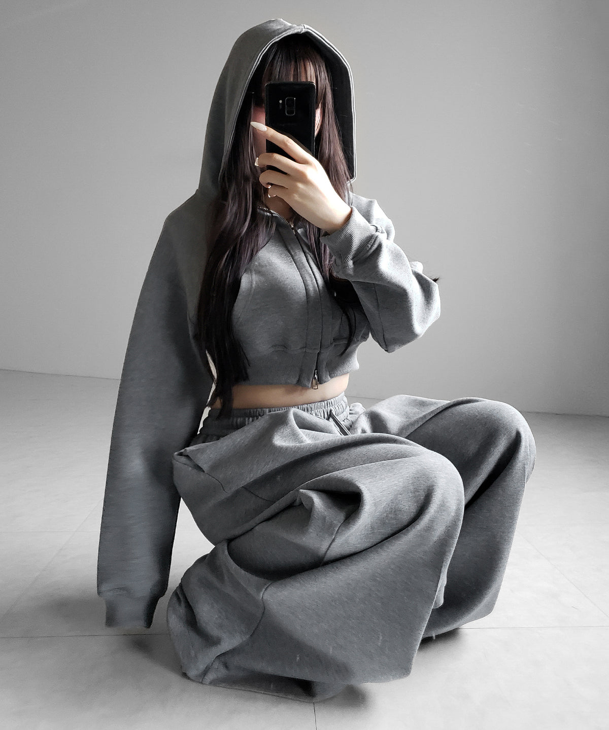 【 セットアップ 】ダブルジップショートパーカー + タックワイドスウェットパンツ SET / double zip short hoodie + tuck wide sweat pants SET