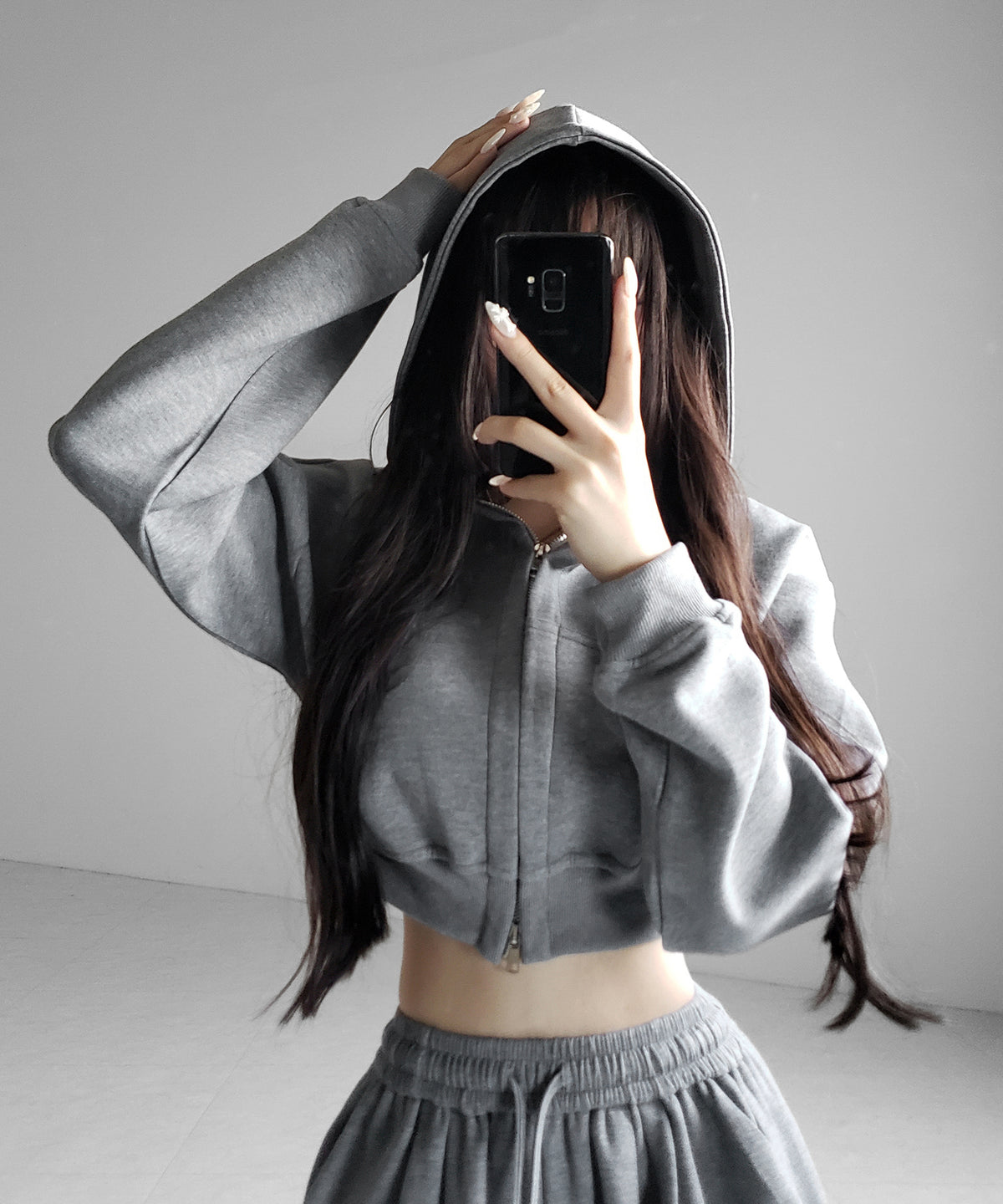 【 セットアップ 】ダブルジップショートパーカー + タックワイドスウェットパンツ SET / double zip short hoodie + tuck wide sweat pants SET