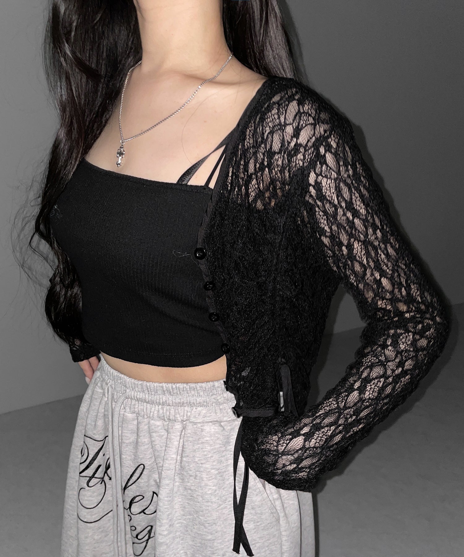 ダブルシャーリングショートレースカーディガン / double shirring short lace cardigan