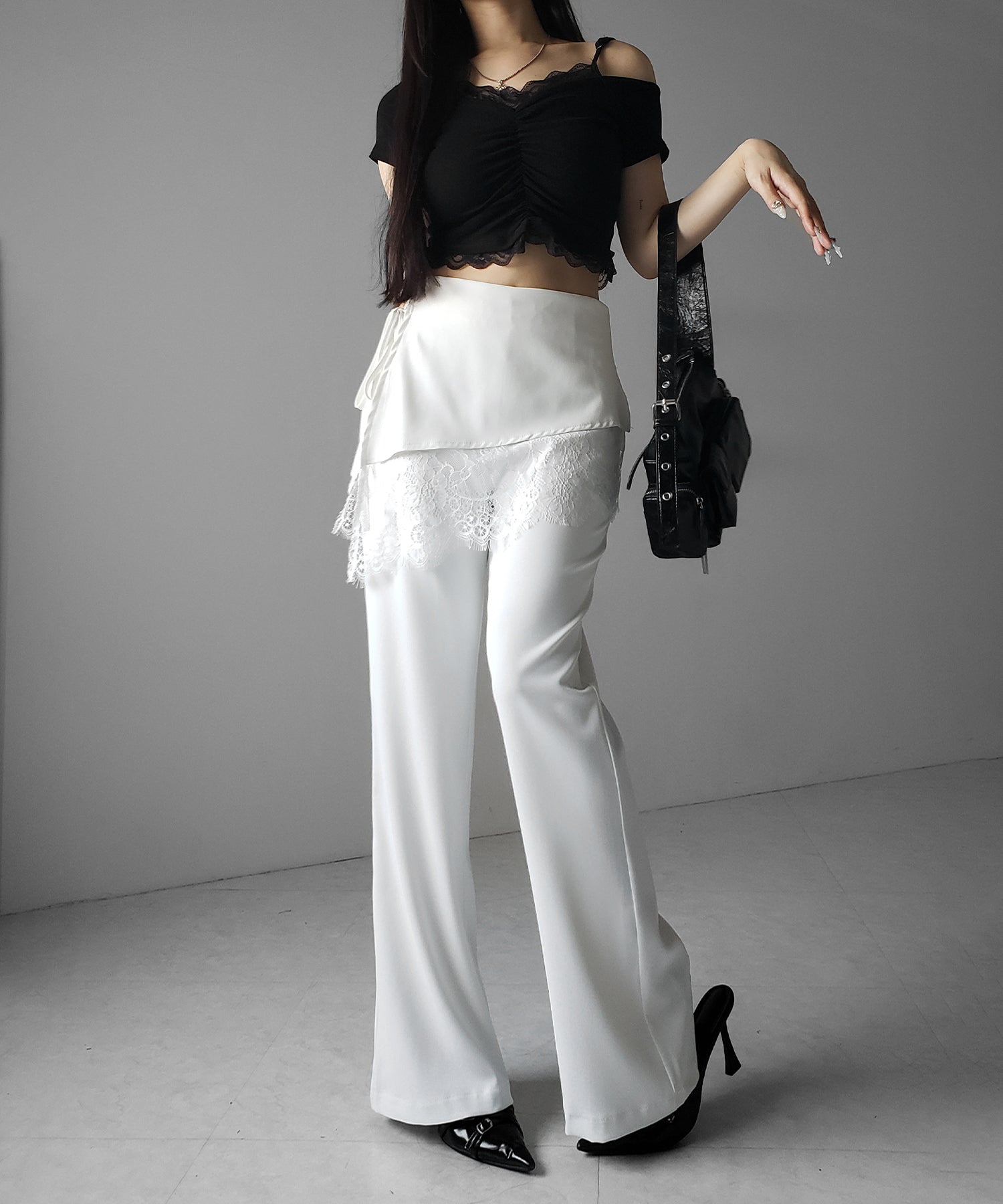 【3size 】レースレイヤードサイドリボンラップフレアスラックス / lace layered side ribbon wrap flare slacks
