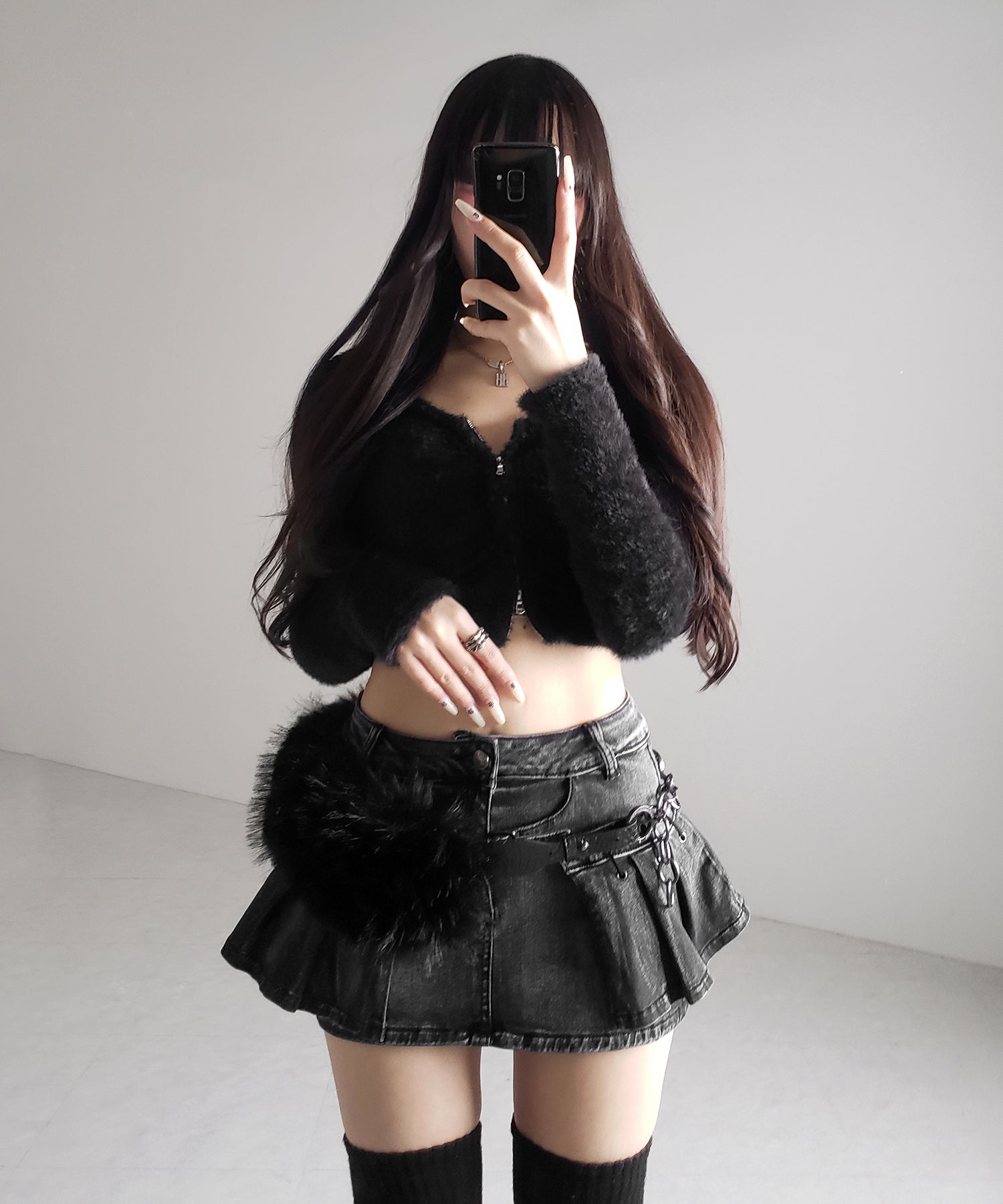 【 インパン裏地付 】ベルテッドマイクロプリーツデニムミニスカパン / belted micro pleats denim skirt pants