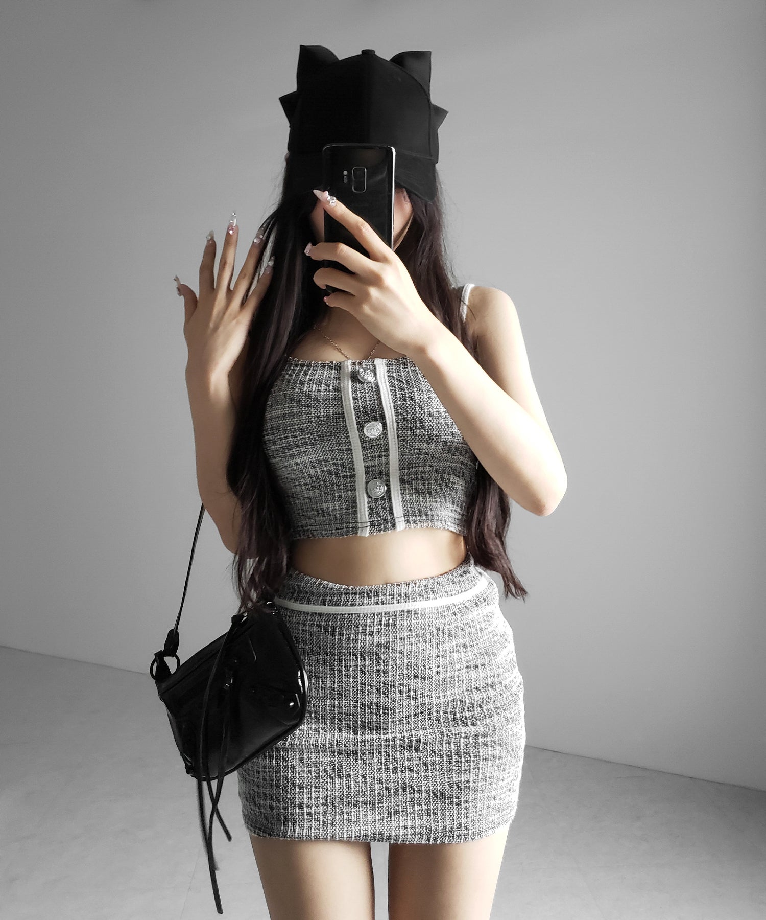 【 セットアップ】ツイードボタンショートビスチェ + ミニスカート SET / 【 SETUP 】tweed button short buister + mini skirt SET