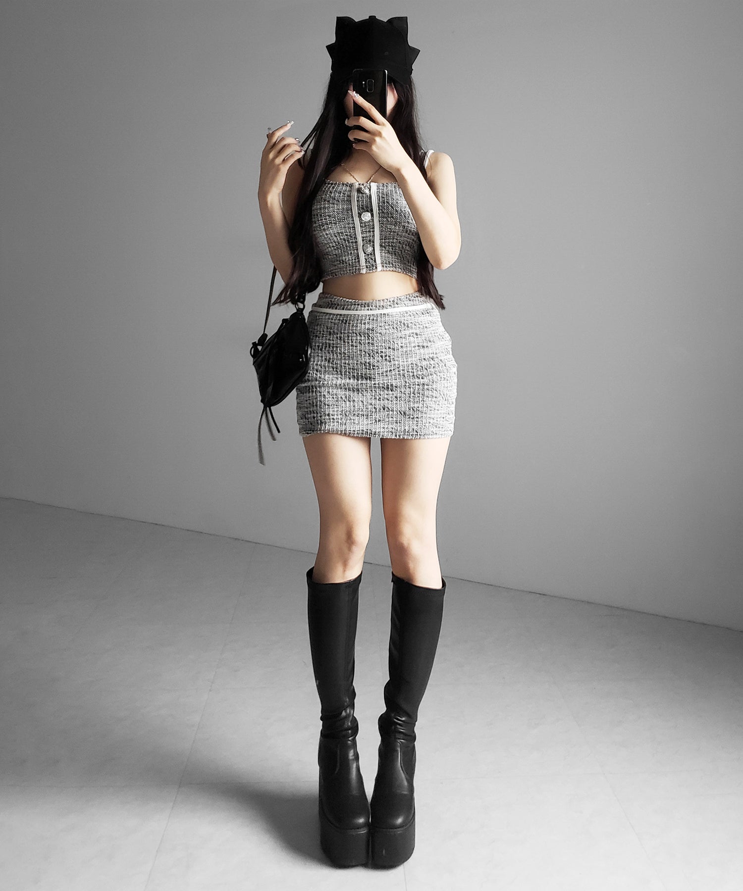 【 セットアップ】ツイードボタンショートビスチェ + ミニスカート SET / 【 SETUP 】tweed button short buister + mini skirt SET
