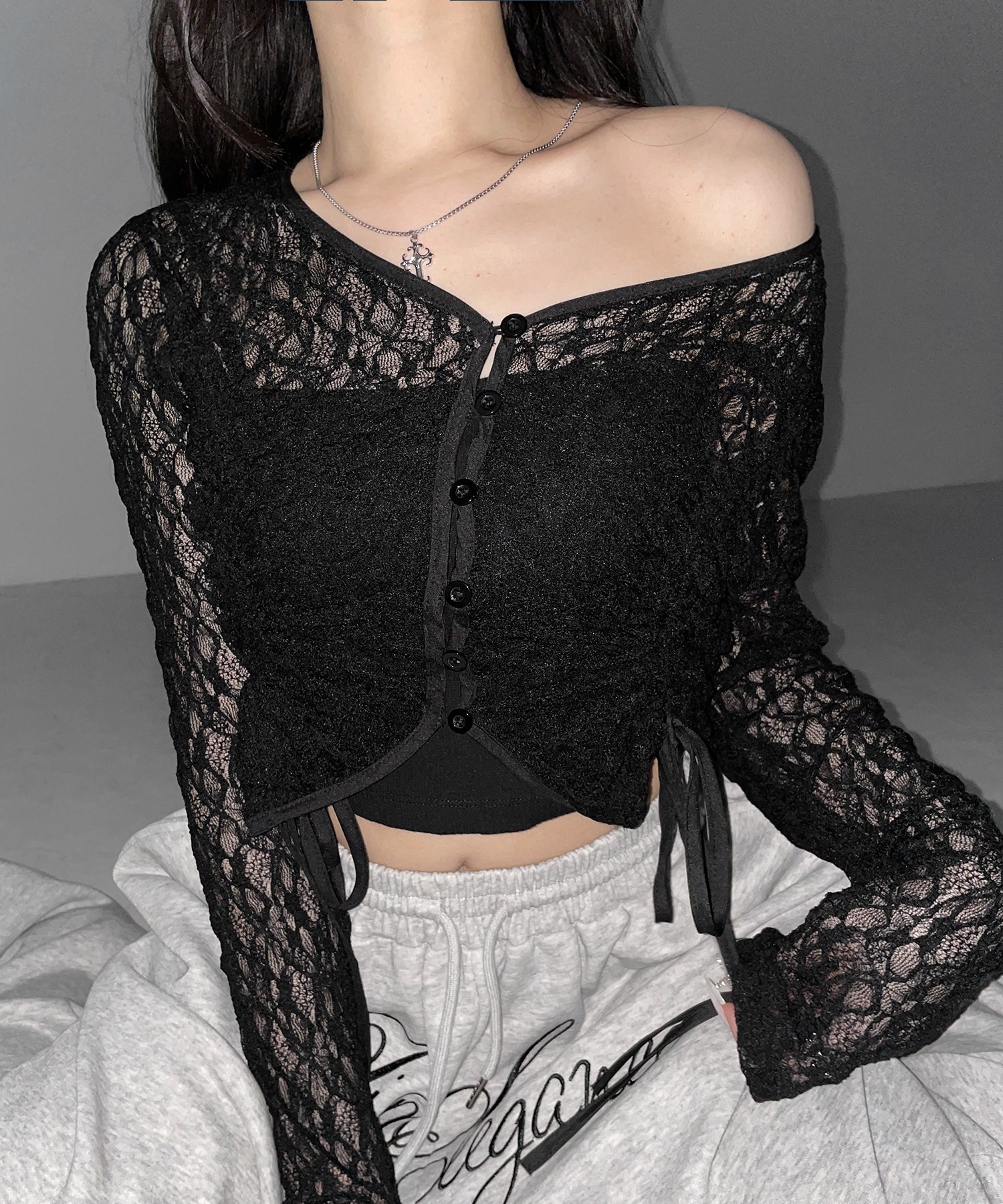 ダブルシャーリングショートレースカーディガン / double shirring short lace cardigan