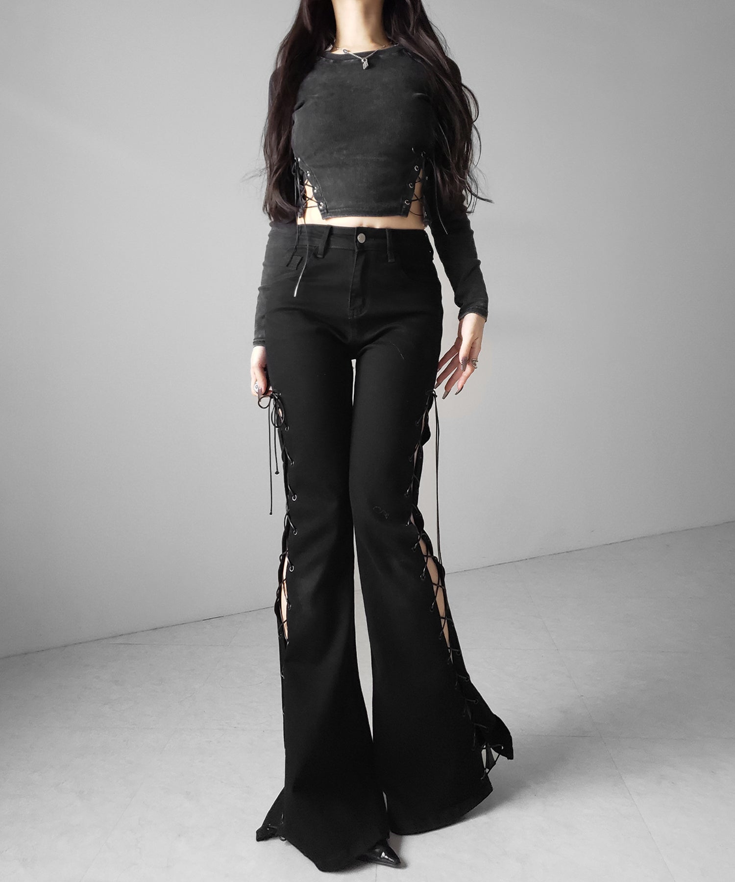 ヴィンテージサイドレースアップカットアウトショートロンT / vintage side lace up cutout short long sleeve T-shirts