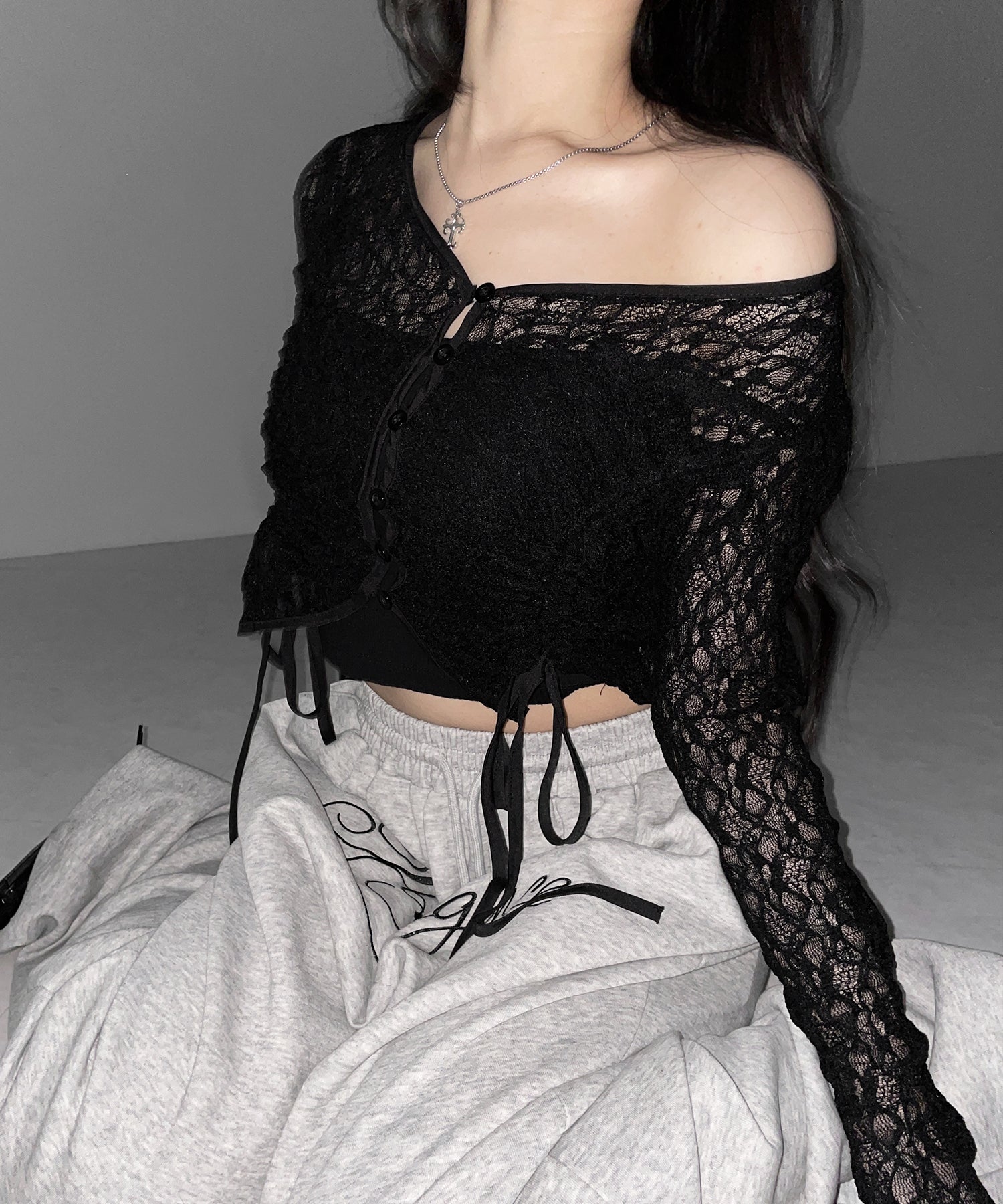 ダブルシャーリングショートレースカーディガン / double shirring short lace cardigan