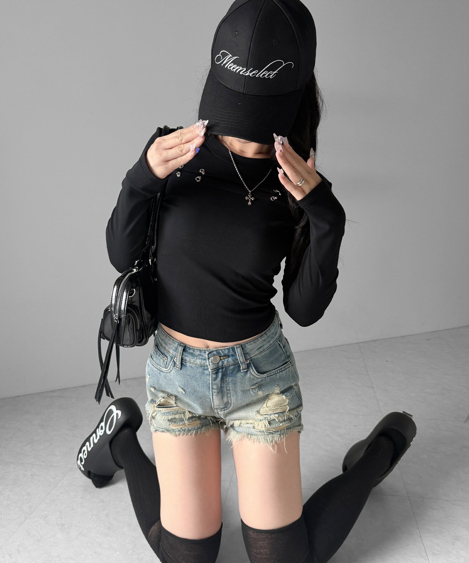 クラッシュダメージダブルフリンジデニムショートパンツ/crash damage double fringe denim short pants