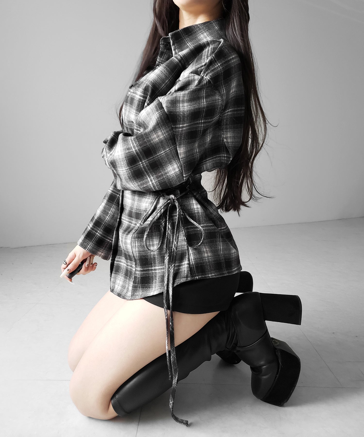 レースアップリボンスリムラインチェックネルシャツ / lace up ribbon slim line check flannel shirt