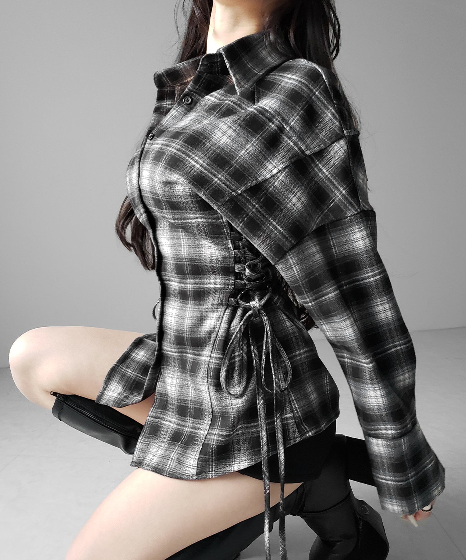 レースアップリボンスリムラインチェックネルシャツ / lace up ribbon slim line check flannel shirt