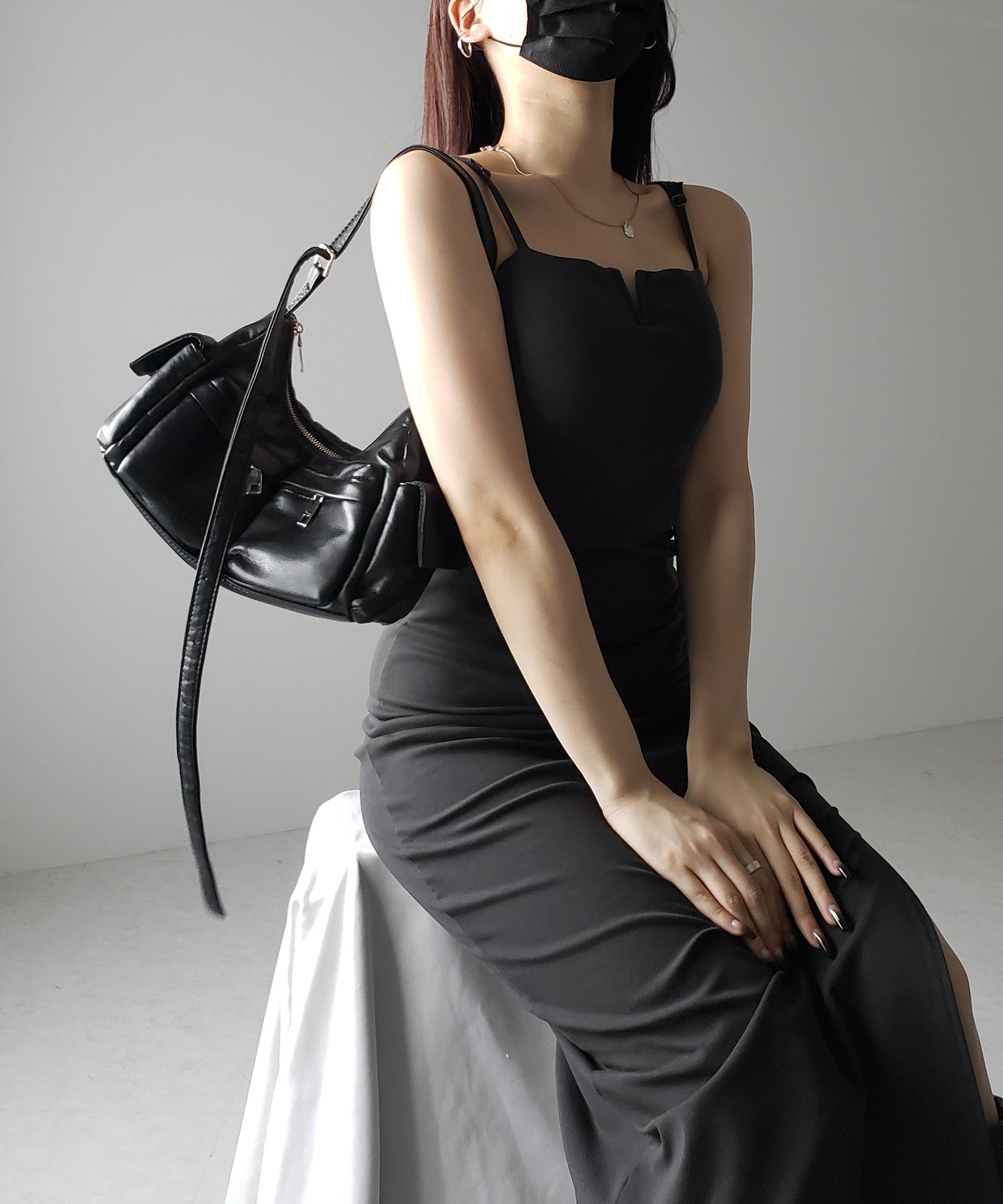 【 パッド付き 】バックストラップサイドシャーリングスリットロングキャミワンピース / back strap side shirring slit long cami onepiece