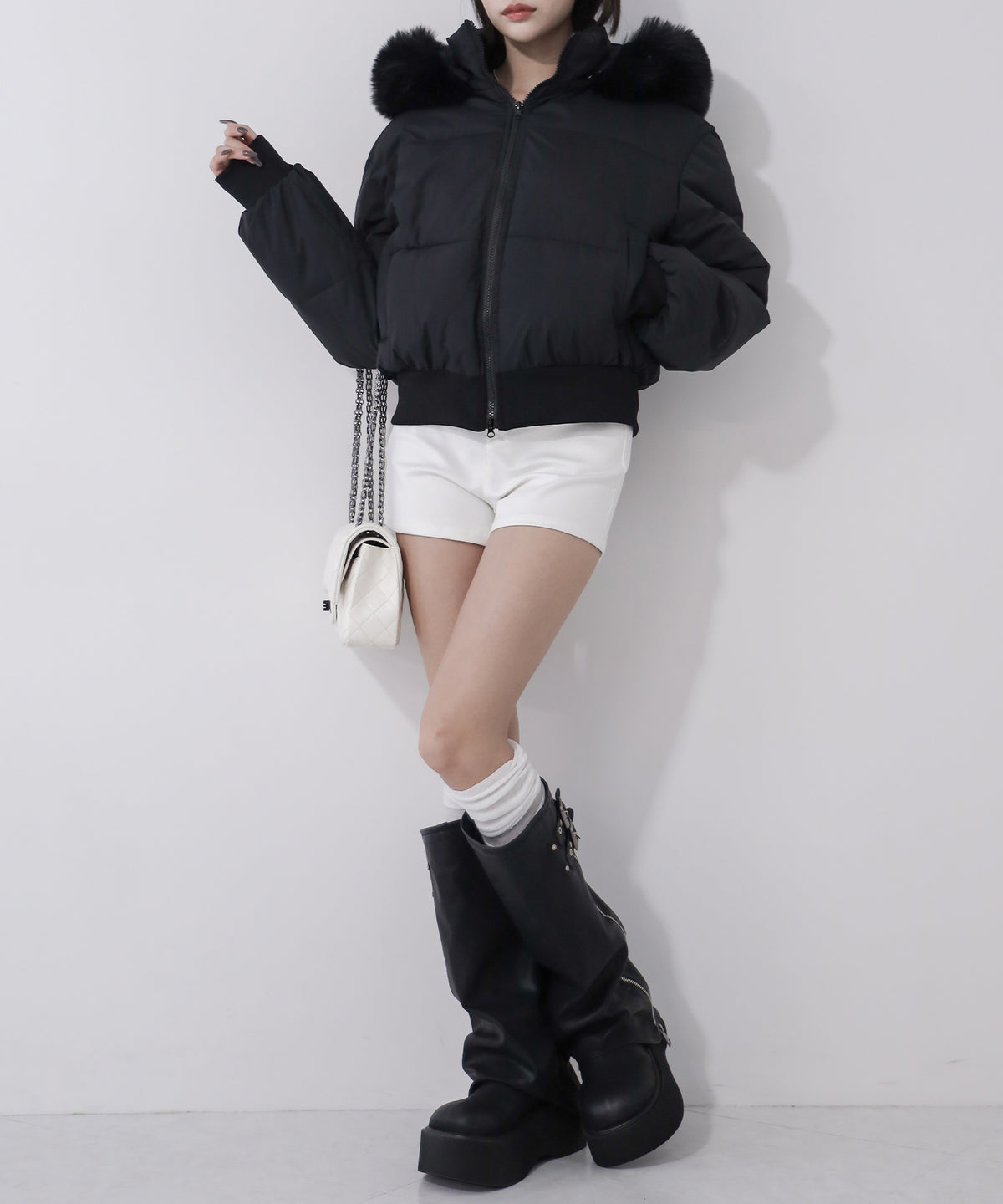 【 フード取り外し可能2WAY 】フェイクファーフードショート中綿ジャケット / 2WAY fake fur hoodie short fake down jacket