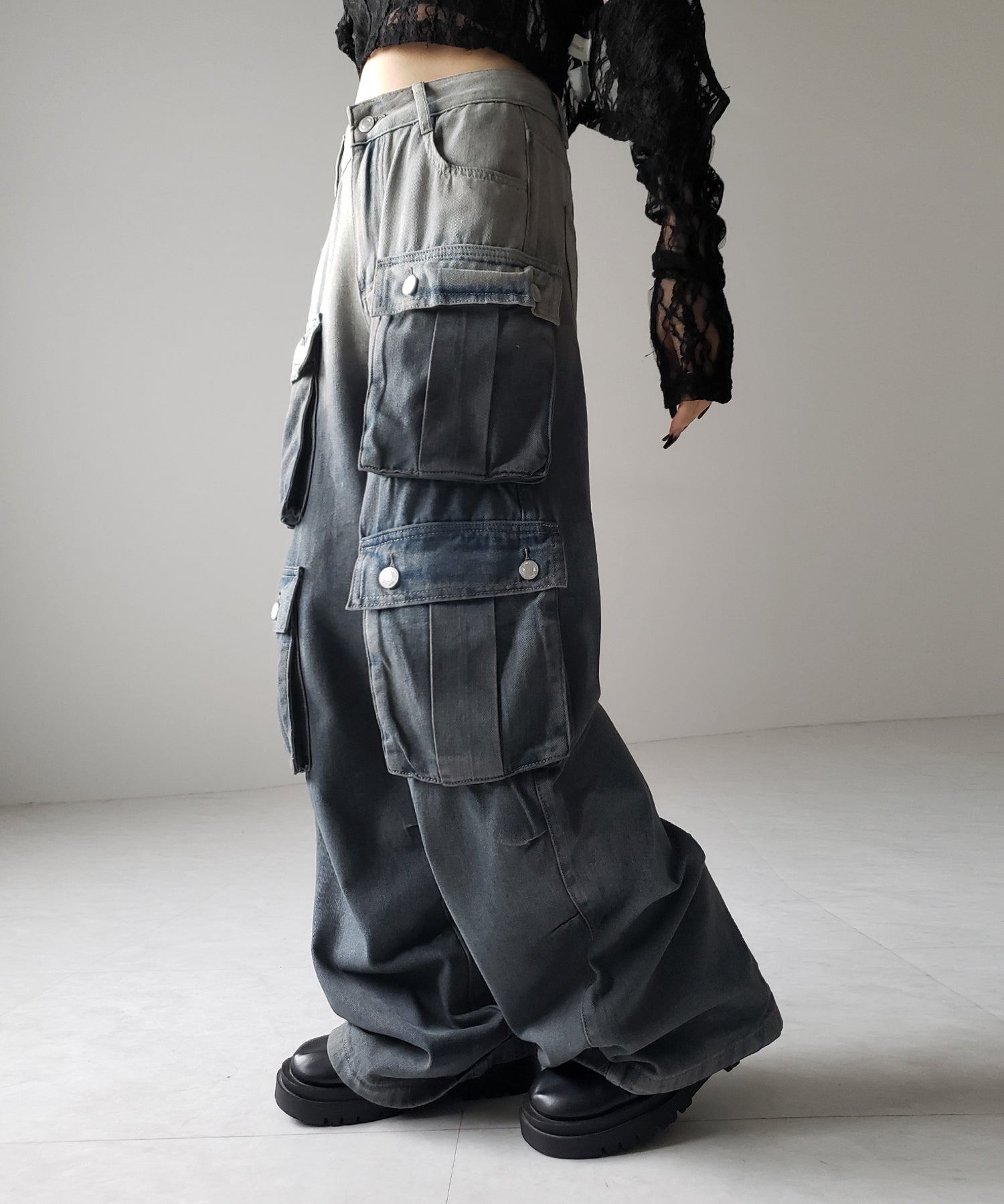 【 3color /4size 】オーバーダイグラデーションヴィンテージワイドカーゴデニム / overdyed gradation vintage wide cargo denim