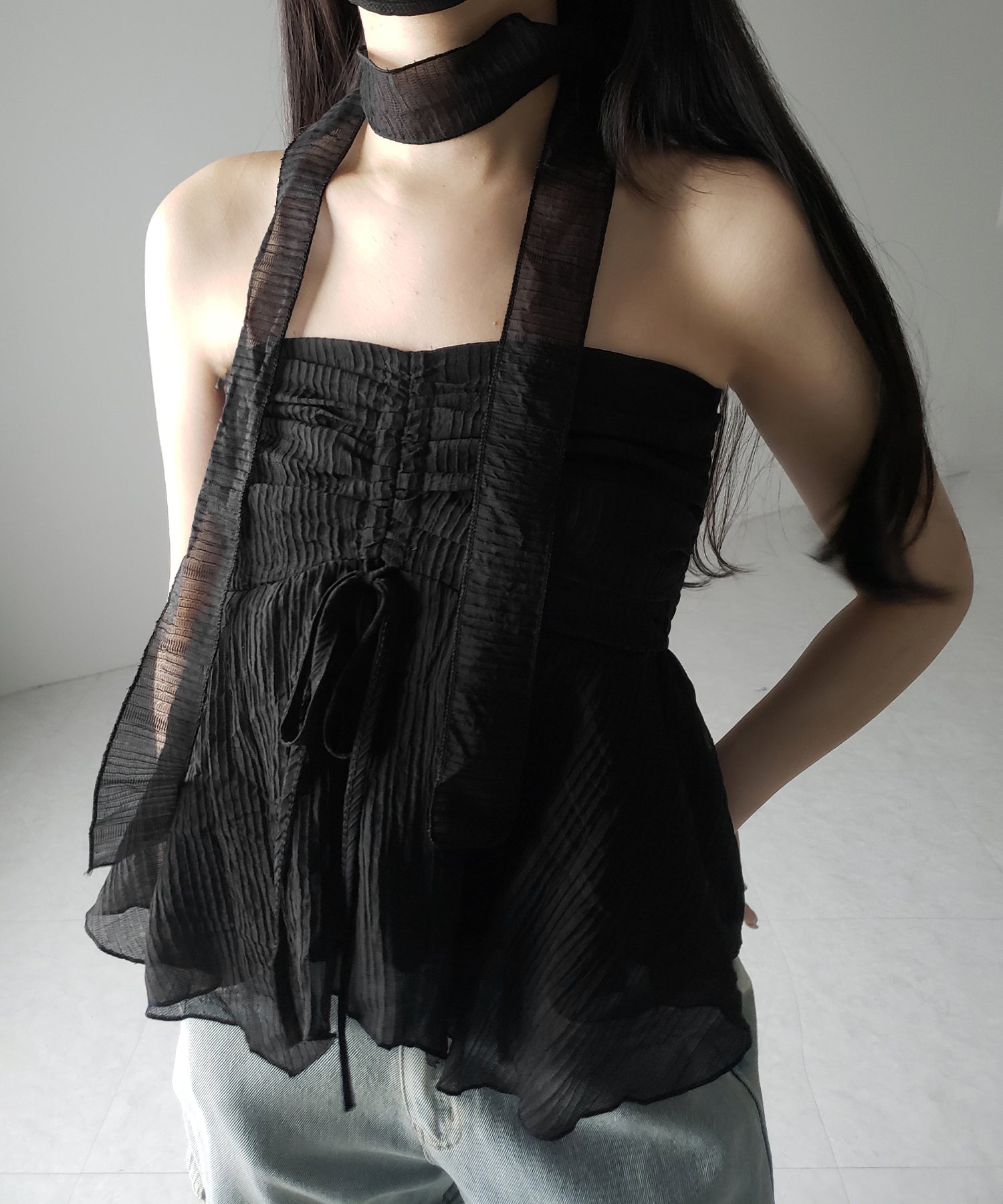 【 チョーカータイ付 】シャーリングリボンペプラムシフォンビスチェトップス / choker tie set shirring ribbon peplum chiffon bustier tops