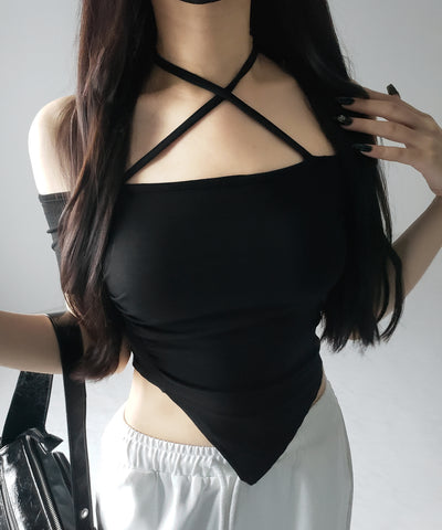 クロスネックアシメギャザーオフショルTシャツ / cross neck asymmetry gather off shoulder T-shirt