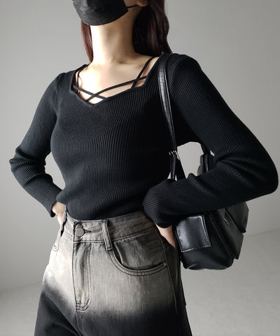 クロスラインストラップデザインリブニット