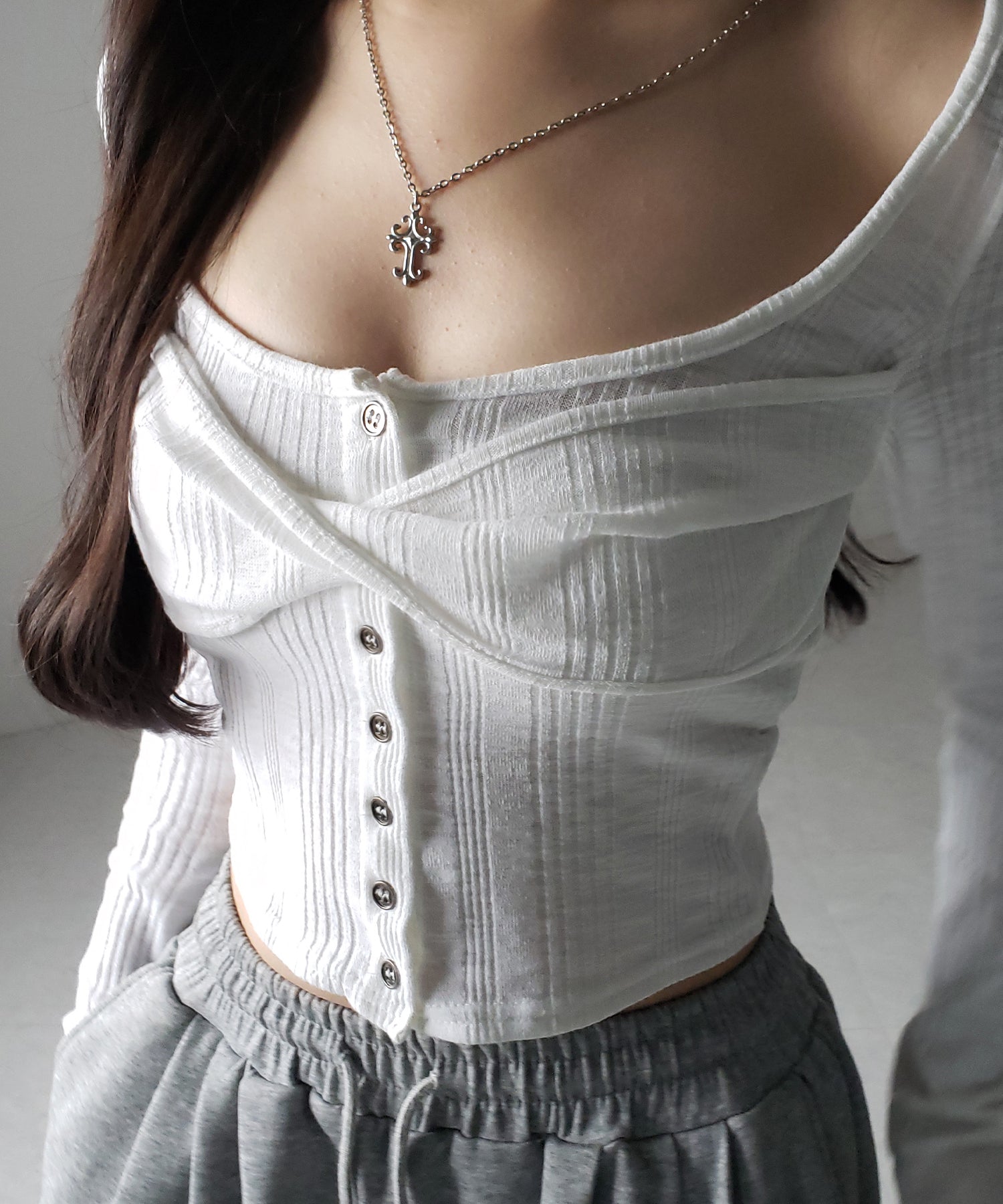【 3color 】フロントボタンオープンネックリブカットソートップス / front button open neck ribbed cutsew tops