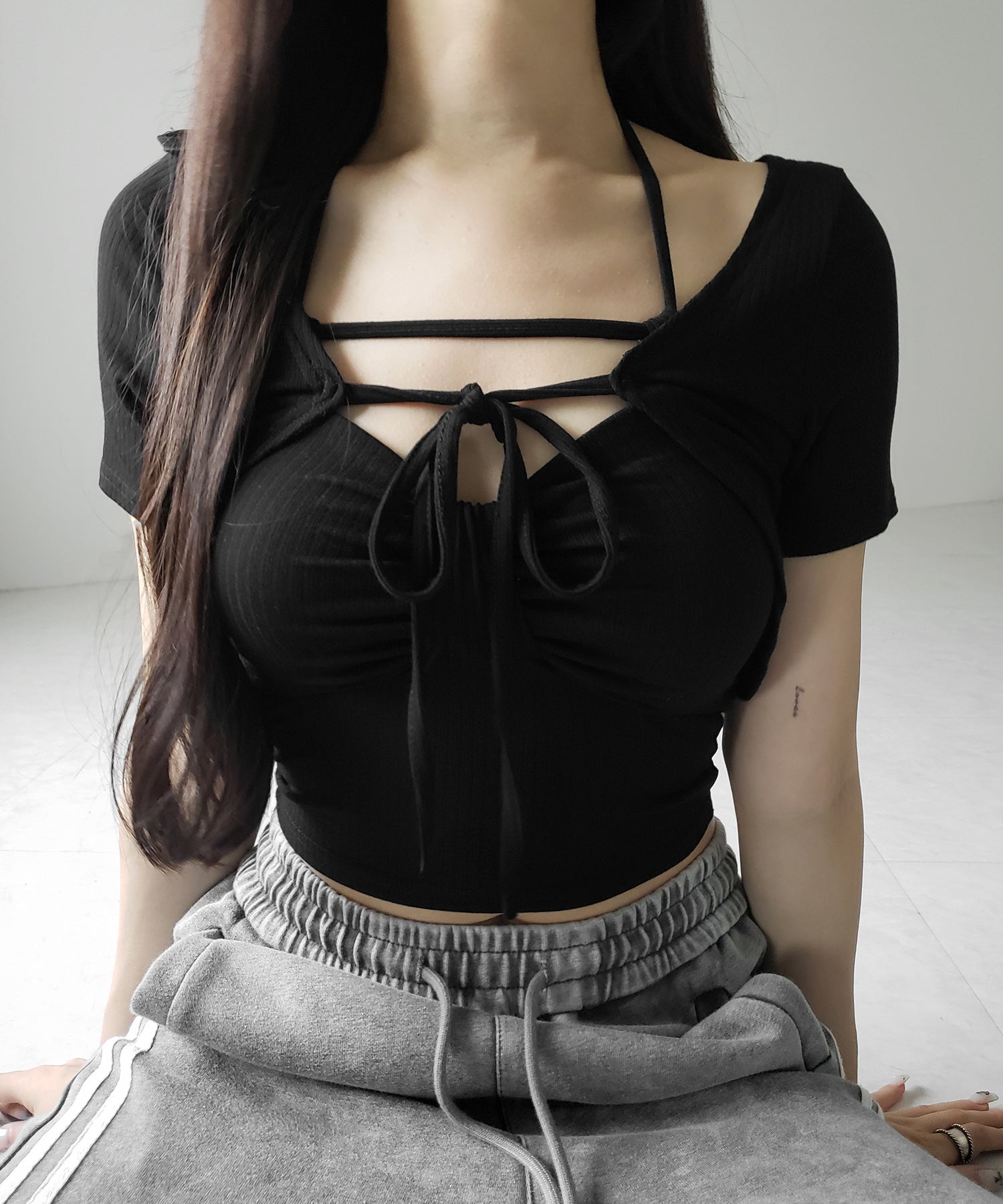 【 2点セット 】 2WAYストラップリブキャミソール + フロントリボンショートカーディガン SET / 2WAY strap lib camisole + front ribbon short cardigan