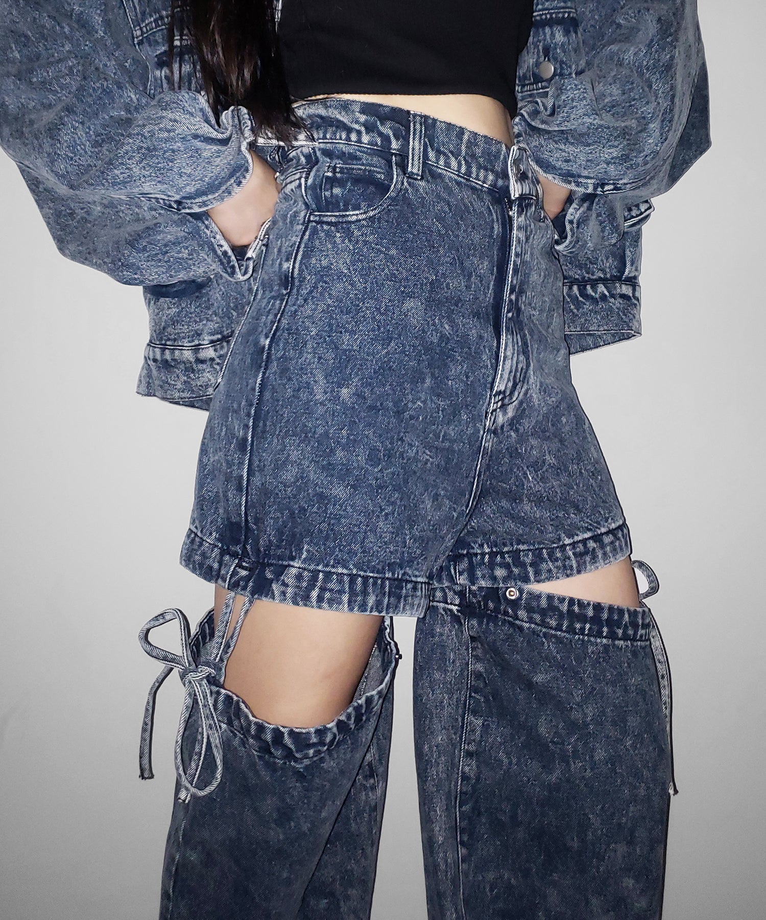 【 セットアップ着用可能 】2WAYヴィンテージケミカルブリーチカットアウトリボンデニム / 2WAY vintage chemical bleach cutout ribbon denim