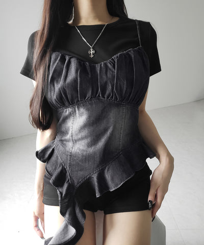 【 2点セット 】ヴィンテージデニムビスチェ & 半袖レイヤードTシャツセット / vintage denim bustier & short sleeve layered T-shirts set