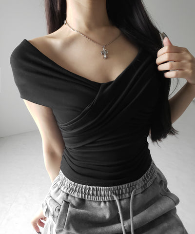 オフショルドレープクロスギャザリングTシャツ /off shoulder draped cross gatherimg T-shirt