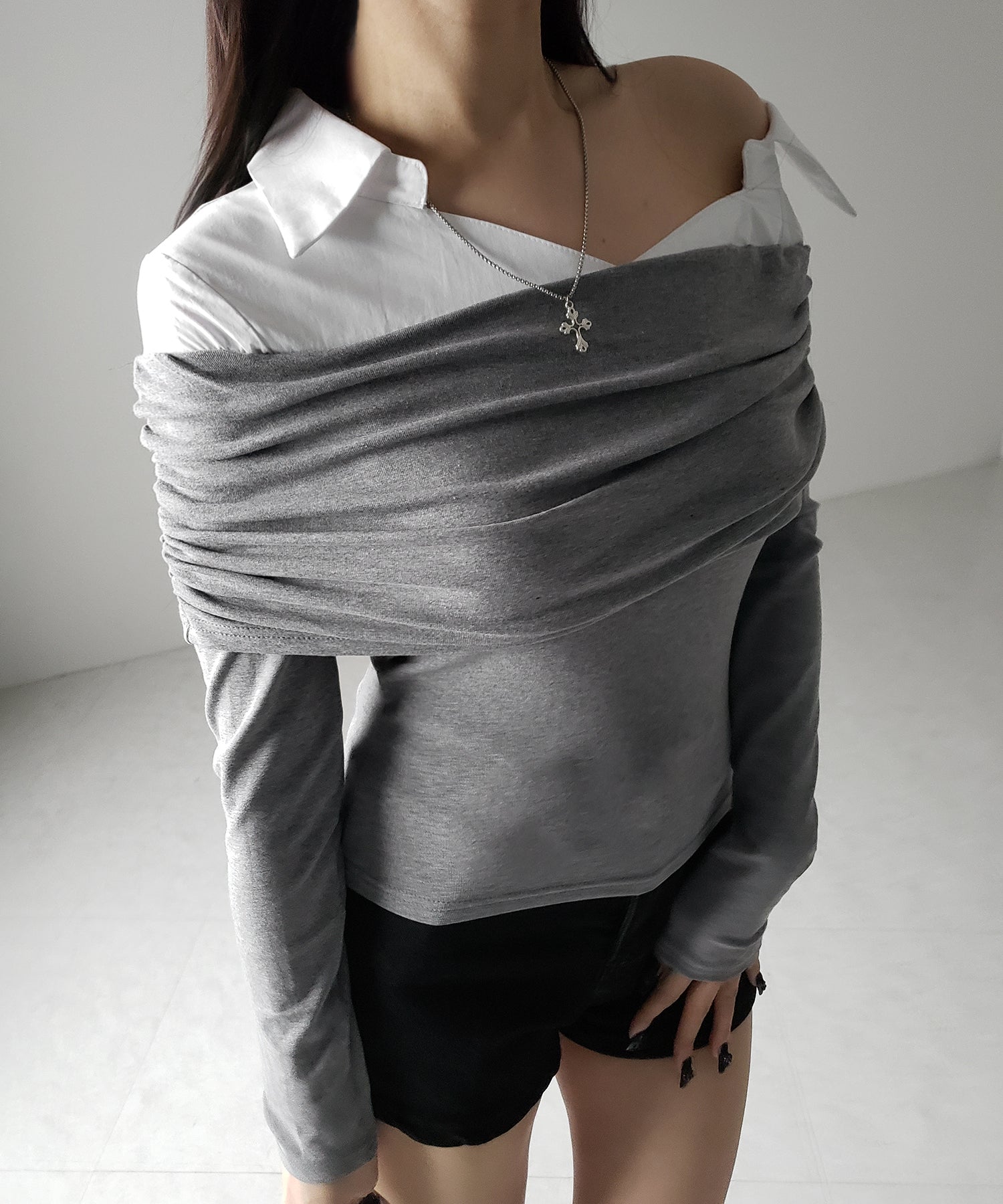 【 2color 】シャツドッキングワイドオフショルトップス / shirt docking wide off shoulder tops
