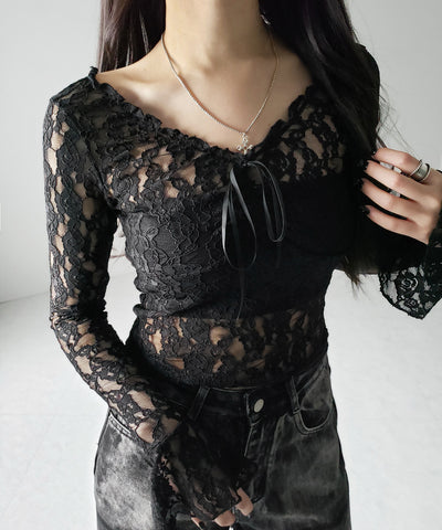 【2WAY 】フロントリボンオフショルスリムレーストップス / front ribbon off-shoulder slim lace tops