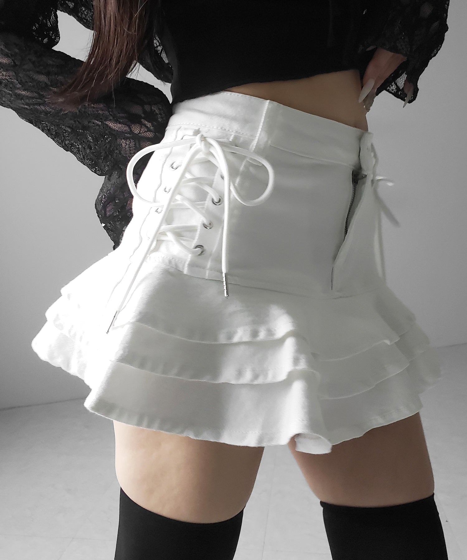 【 インパン裏地付 】レースアップブラックフリルミニスカート / laceup black frill mini skirt