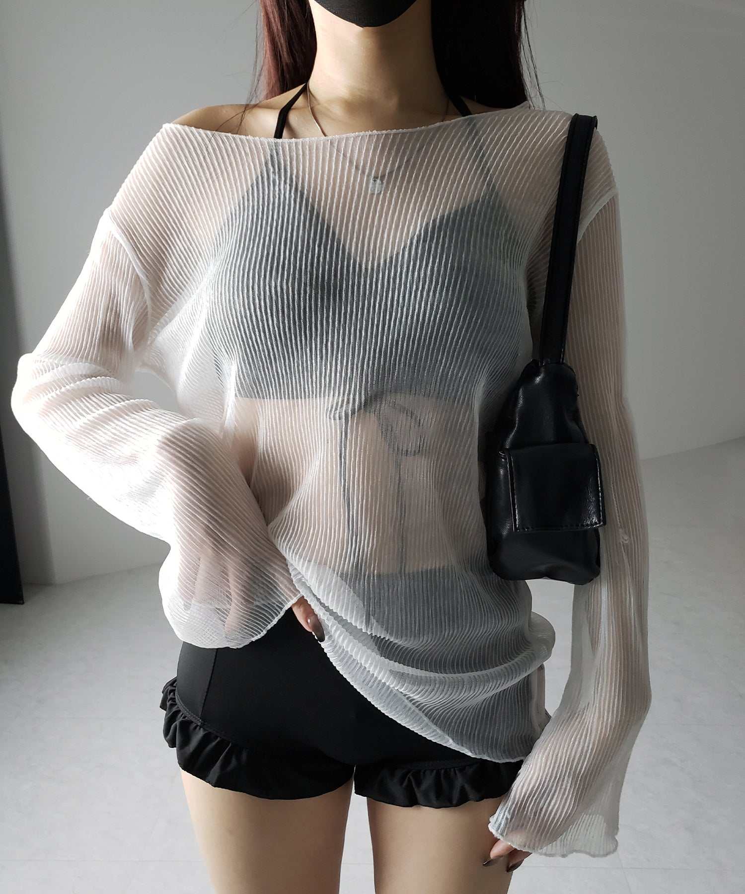【 レディース水着/3点セット 】シアートップス付き フロントリボンホルターネックハイウエストビキニ / sheer tops set front ribbon halter neck high waist bikini