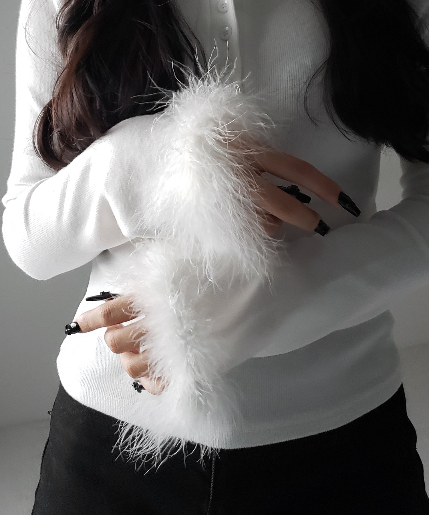 【 2color 】ファースリーブヘンリーネックリブトップス / fur sleeve henley neck lib tops