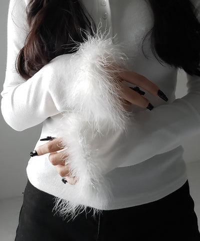 【 2color 】ファースリーブヘンリーネックリブトップス / fur sleeve henley neck lib tops