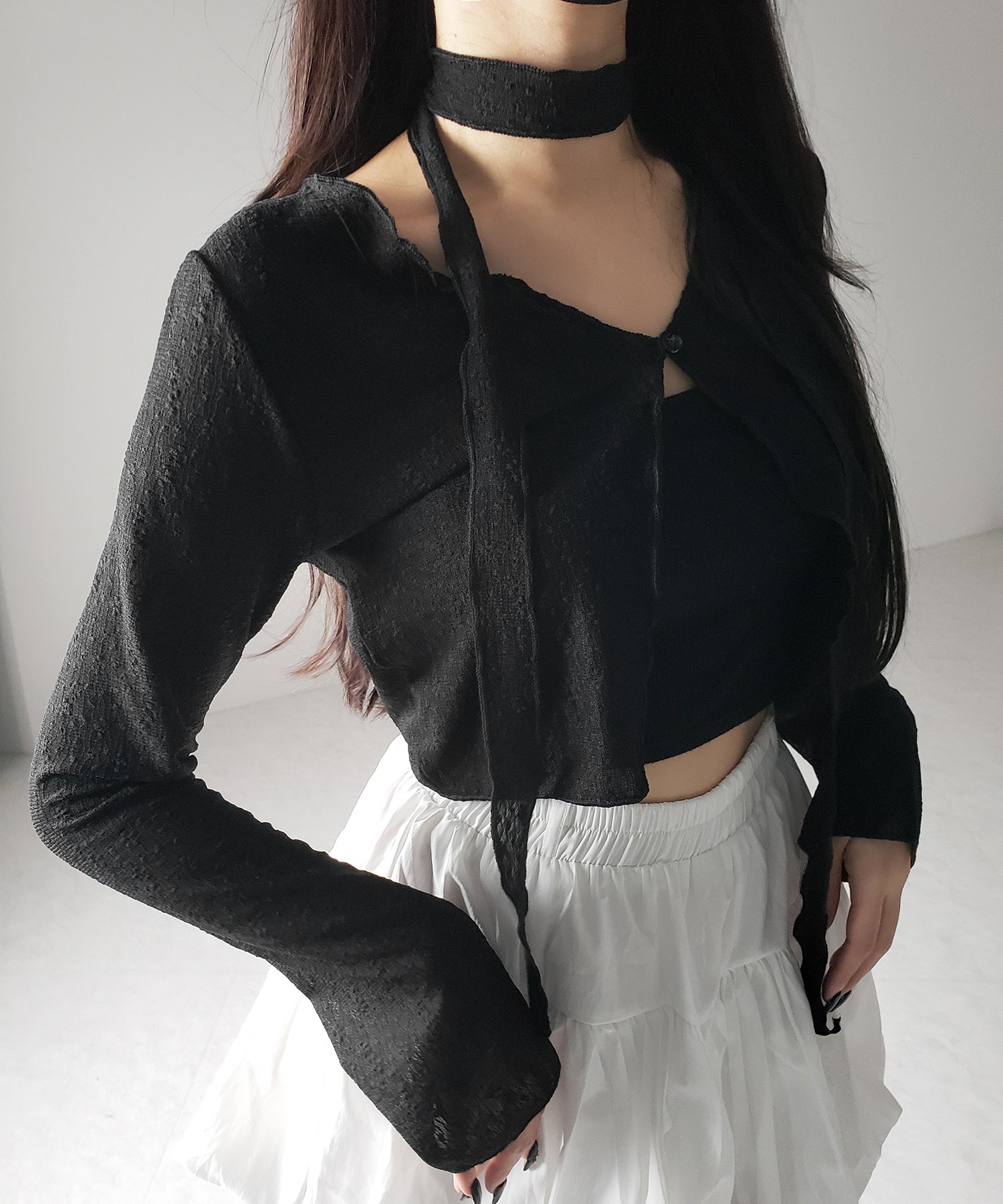 【 2color / 2WAY 】チョーカーロングタイ付きショートシアーカーディガン / choker long tie set short sheer cardigan