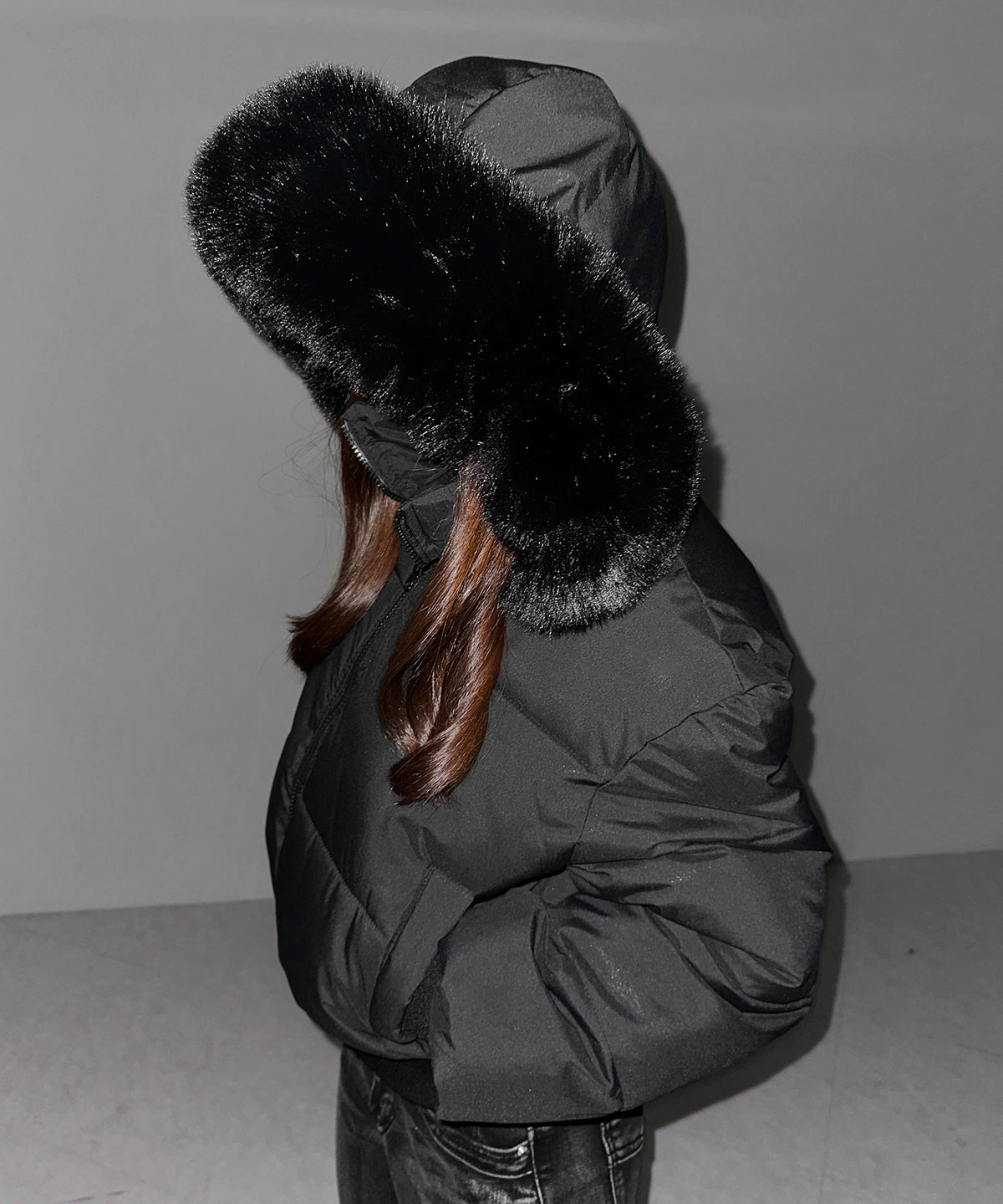【 フード取り外し可能2WAY 】フェイクファーフードショート中綿ジャケット / 2WAY fake fur hoodie short fake down jacket