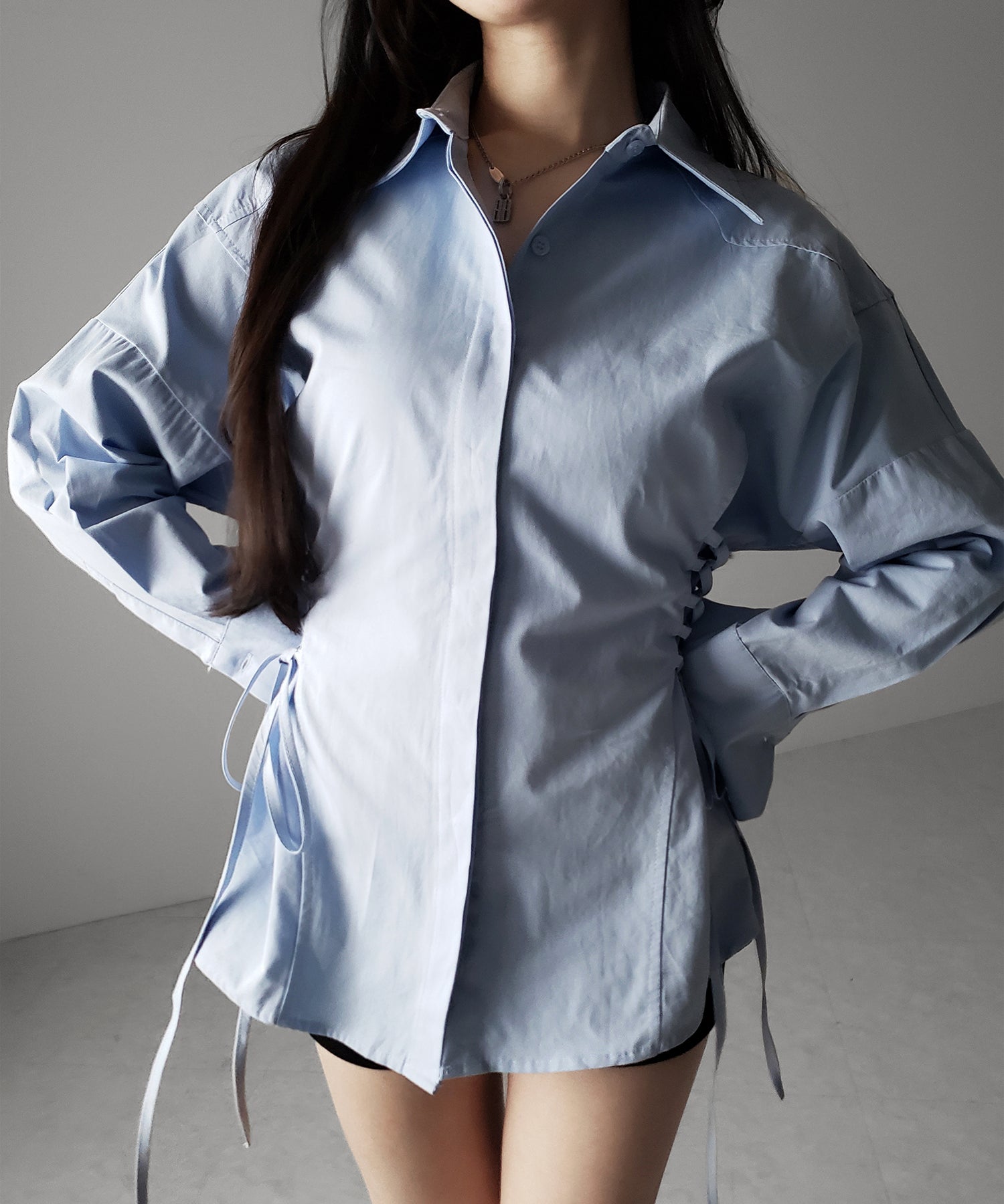 レースアップサイドリボンスリムラインシャツ / lace up side ribbon slim line shirt