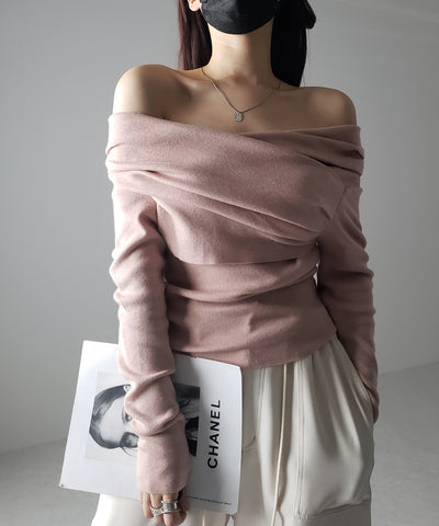 タックデザインドレープオフショルダーリブニット