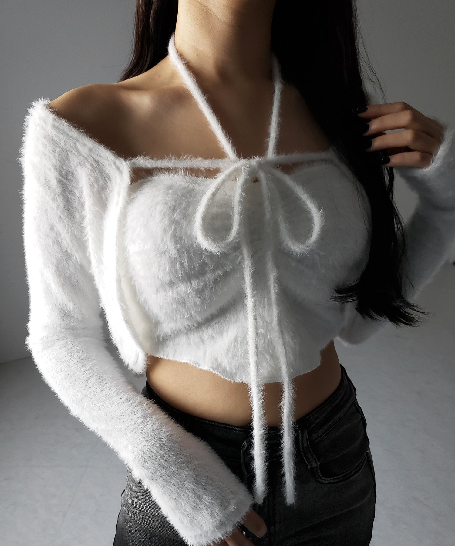 【 2点セット 】シャギーリボンベアトップス & ショートシャギーカーディガン SET / Shaggy ribbon bare tops & short shaggy cardigan