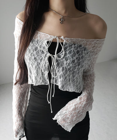 ダブルストラップリボンショートレースカーディガン /double strap ribbon short lace cardigan